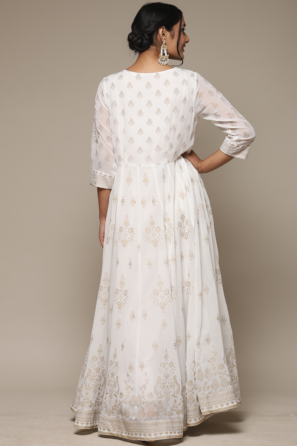 White Cotton Blend Straight Printed Dress image number 4