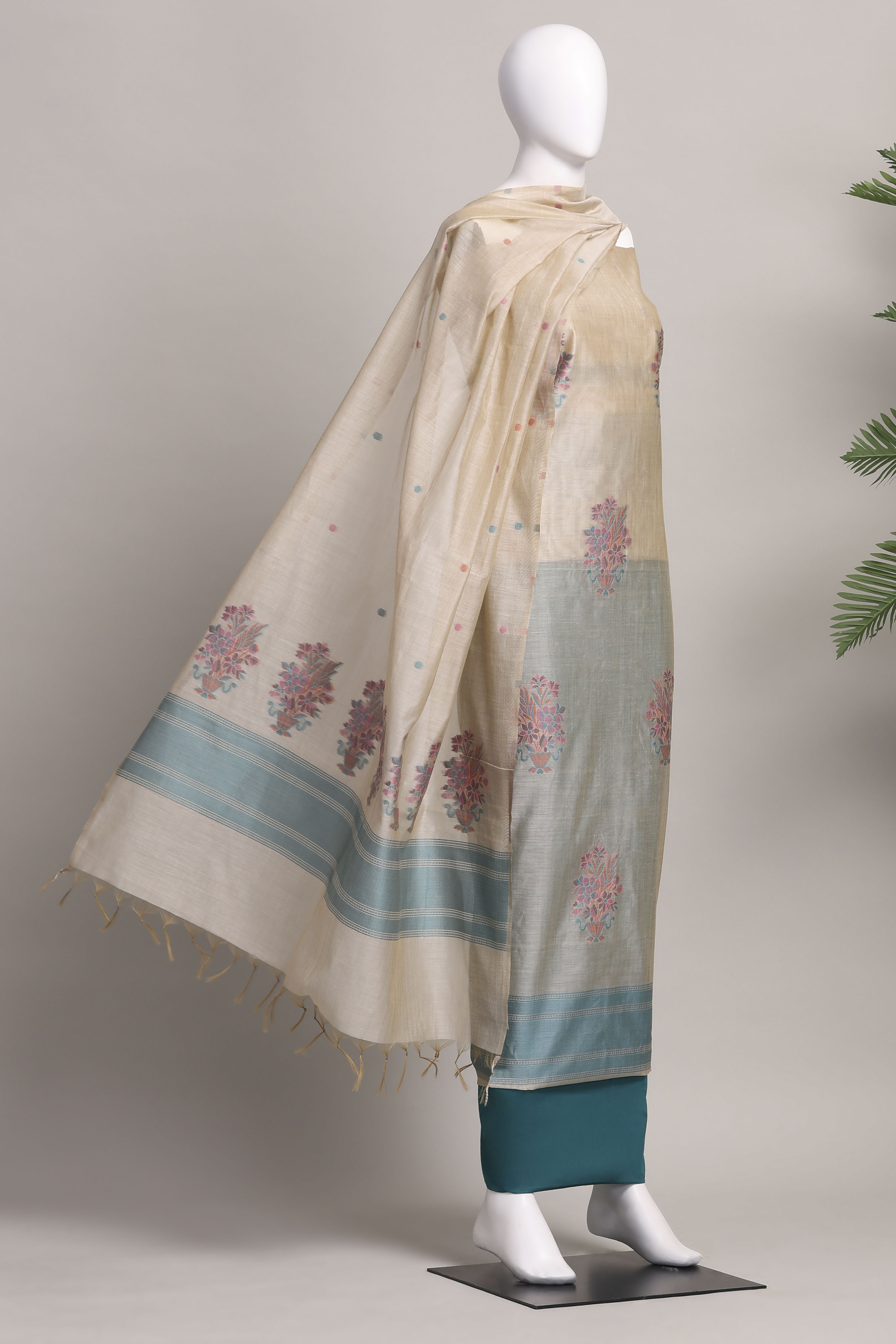 Rust Cotton Jamdani Unstitched Suit Set image number 4