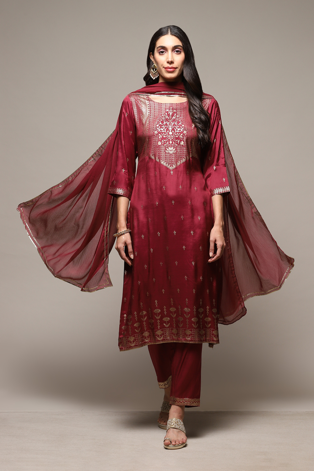 Orange Printed Viscose Straight Kurta Regular Pants Suit Set image number 0