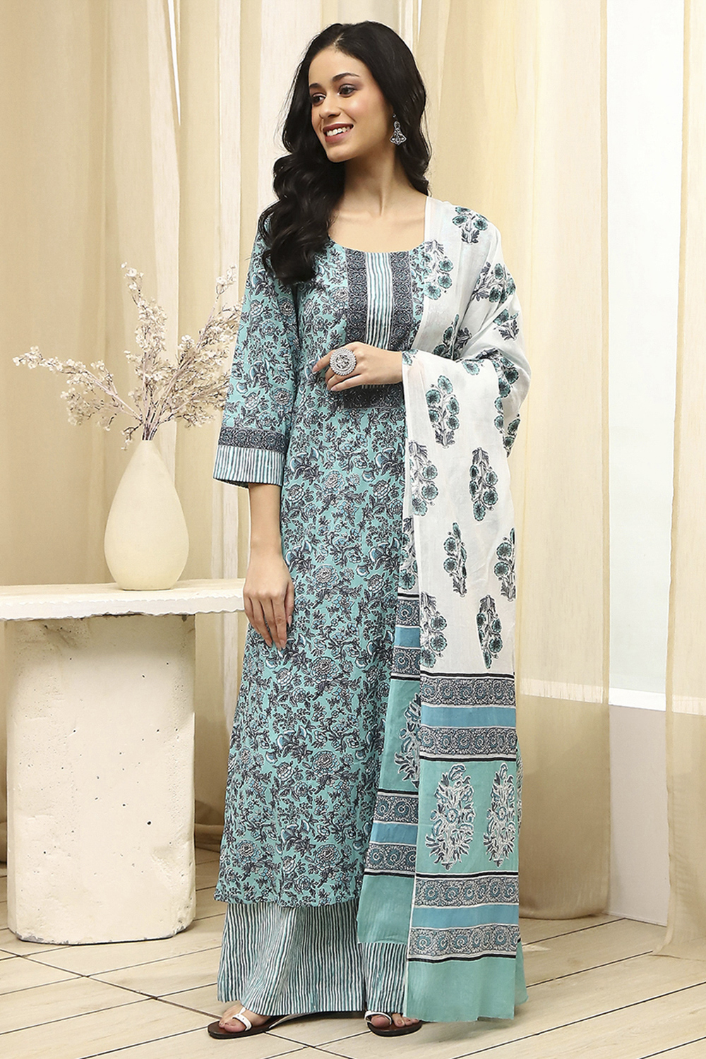 Turquoise Cotton Hand Block Print Unstitched Suit Set image number 7