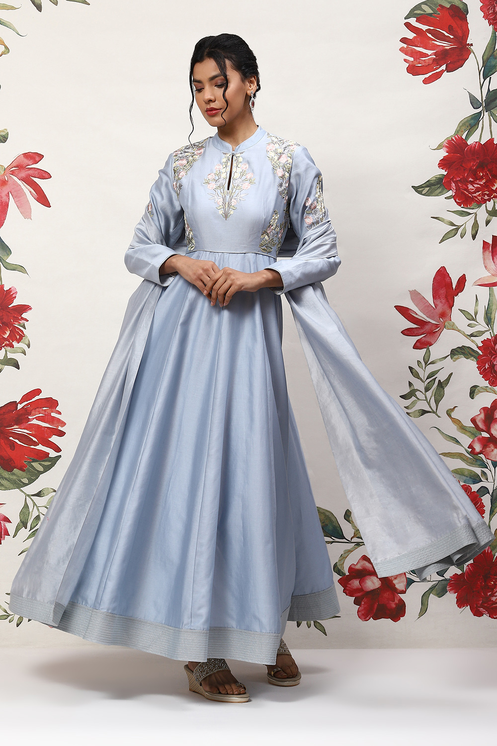 Powder Blue Cotton Blend Anarkali Kurta Suit Set image number 7
