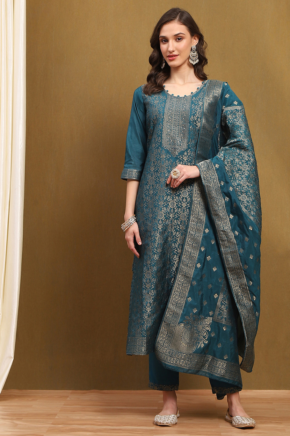 Mustard Yellow Silk Blend Woven Unstitched Suit Set image number 1