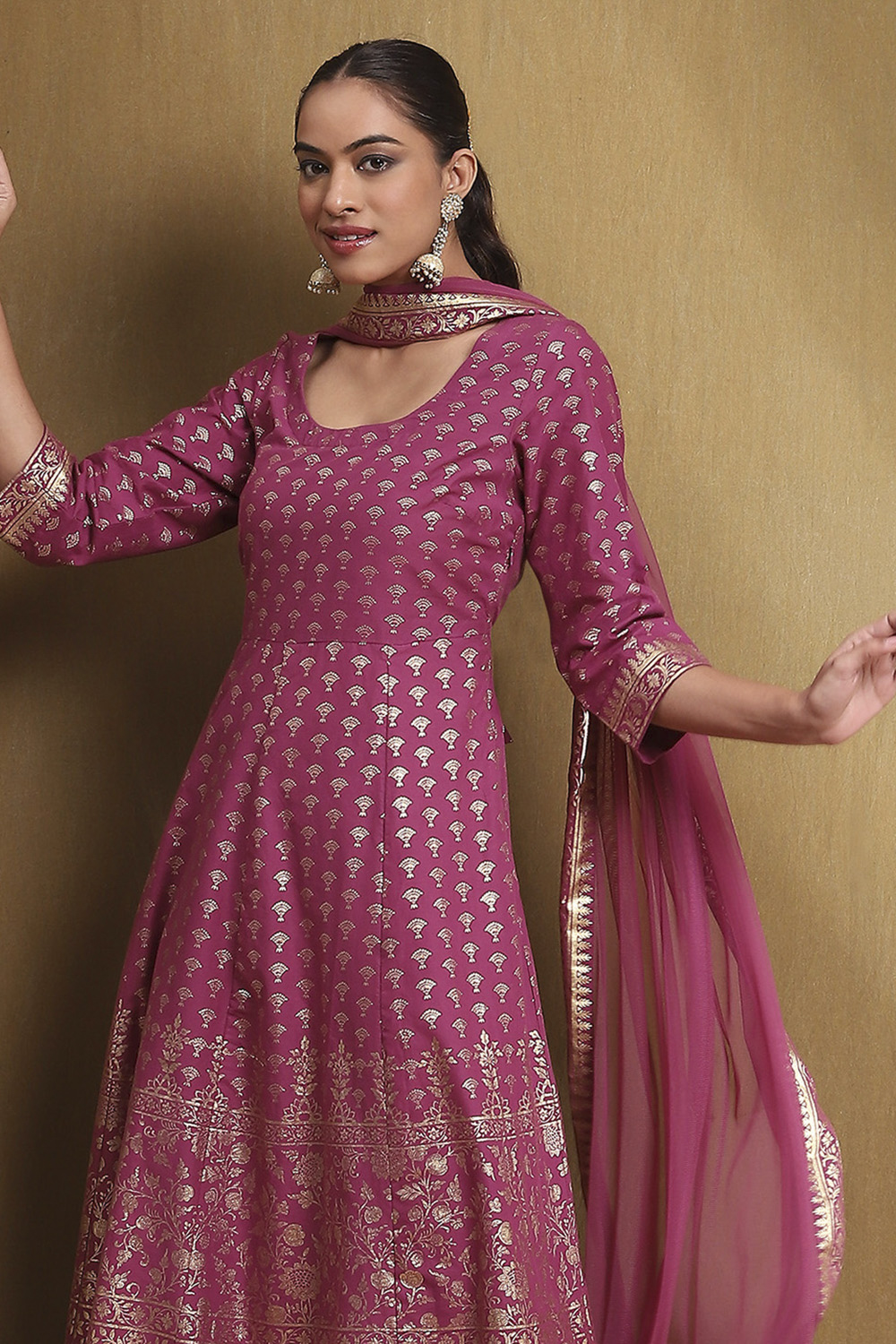 Plum Cotton Printed Anarkali Suit Set image number 8