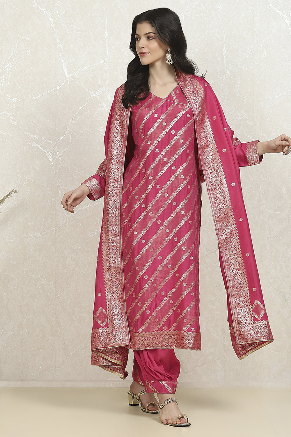 Pink Cotton Printed Embroidered Unstitched Suit Set image number 8