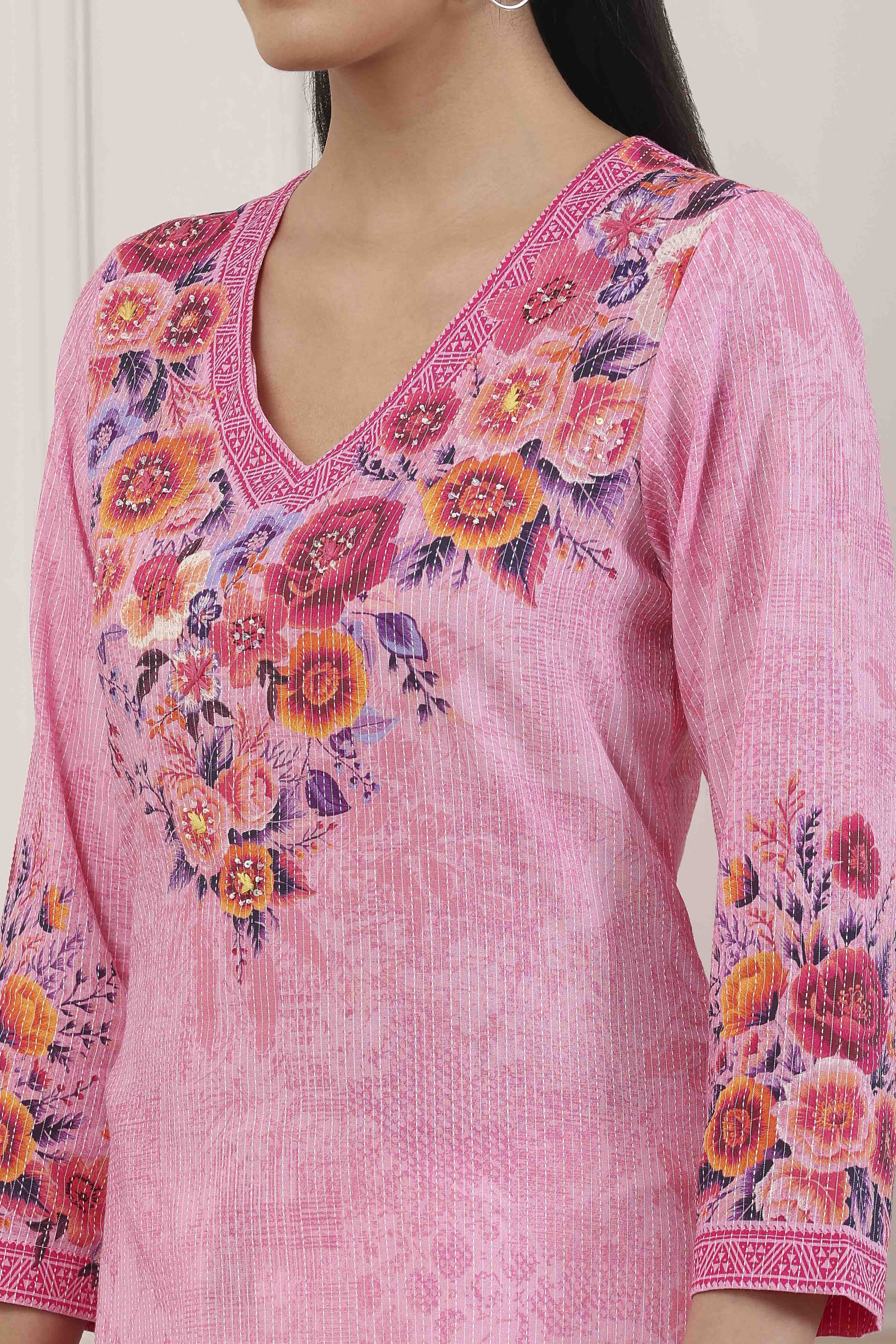 Pink Floral Printed Yoke Straight Kurti image number 1