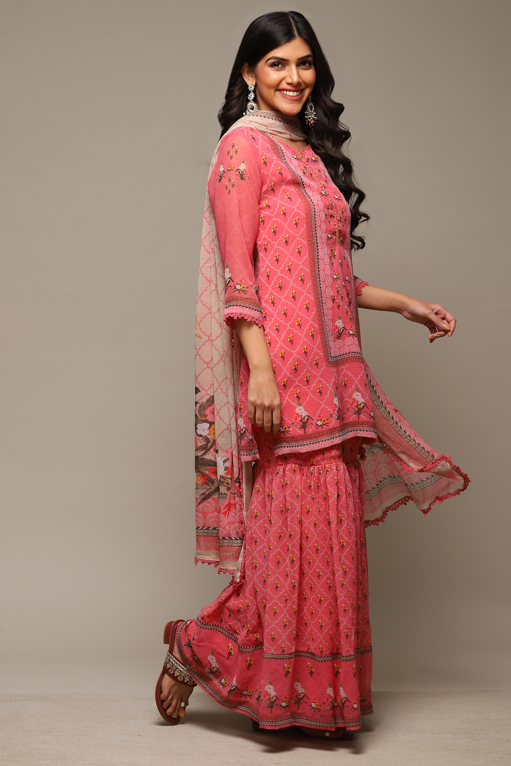 Coral Pink Cotton Blend Straight Kurta Garara Suit Set image number 6