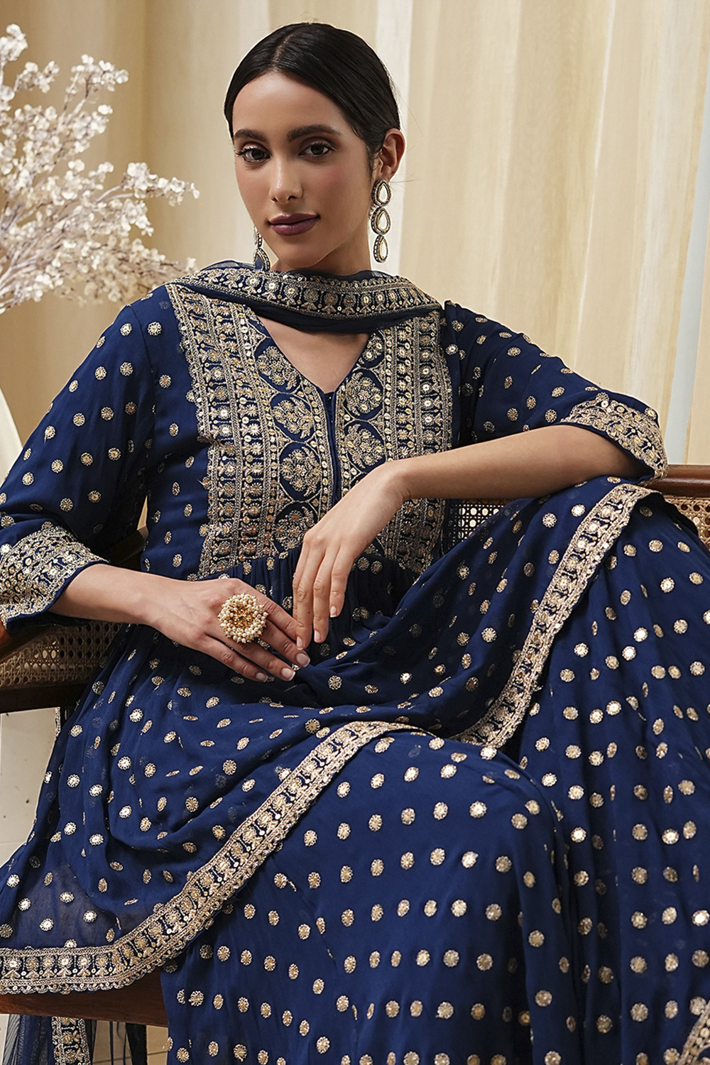 Ivory Georgette Embroidered Peplum Suit Set image number 0
