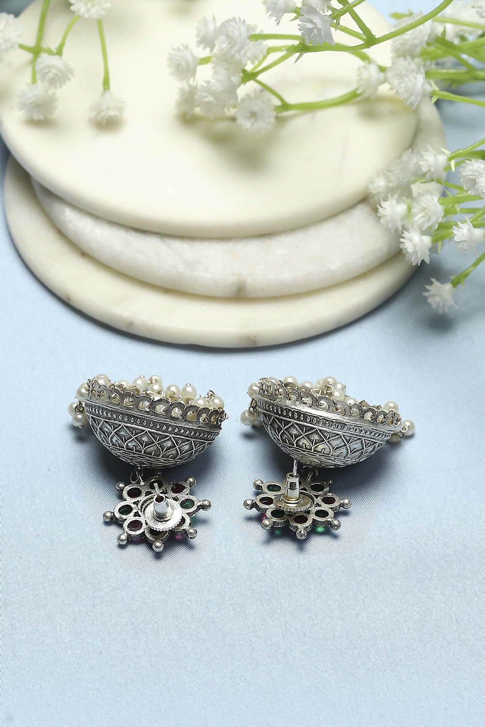 Pink and Green Oxidised Stone Studded Jhumkas image number 2