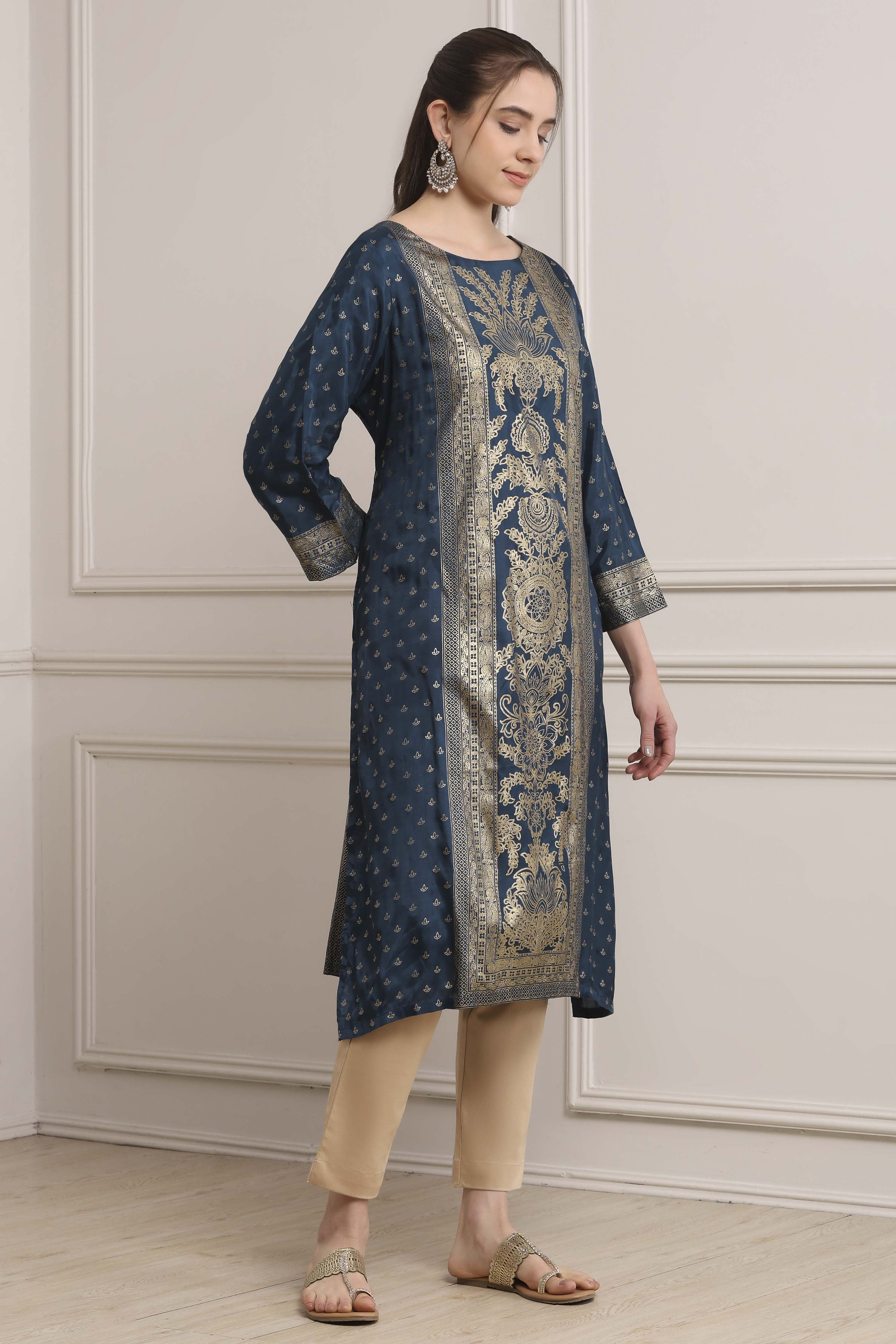 Indigo Viscose Rayon A-Line Kurta Pants Set image number 5