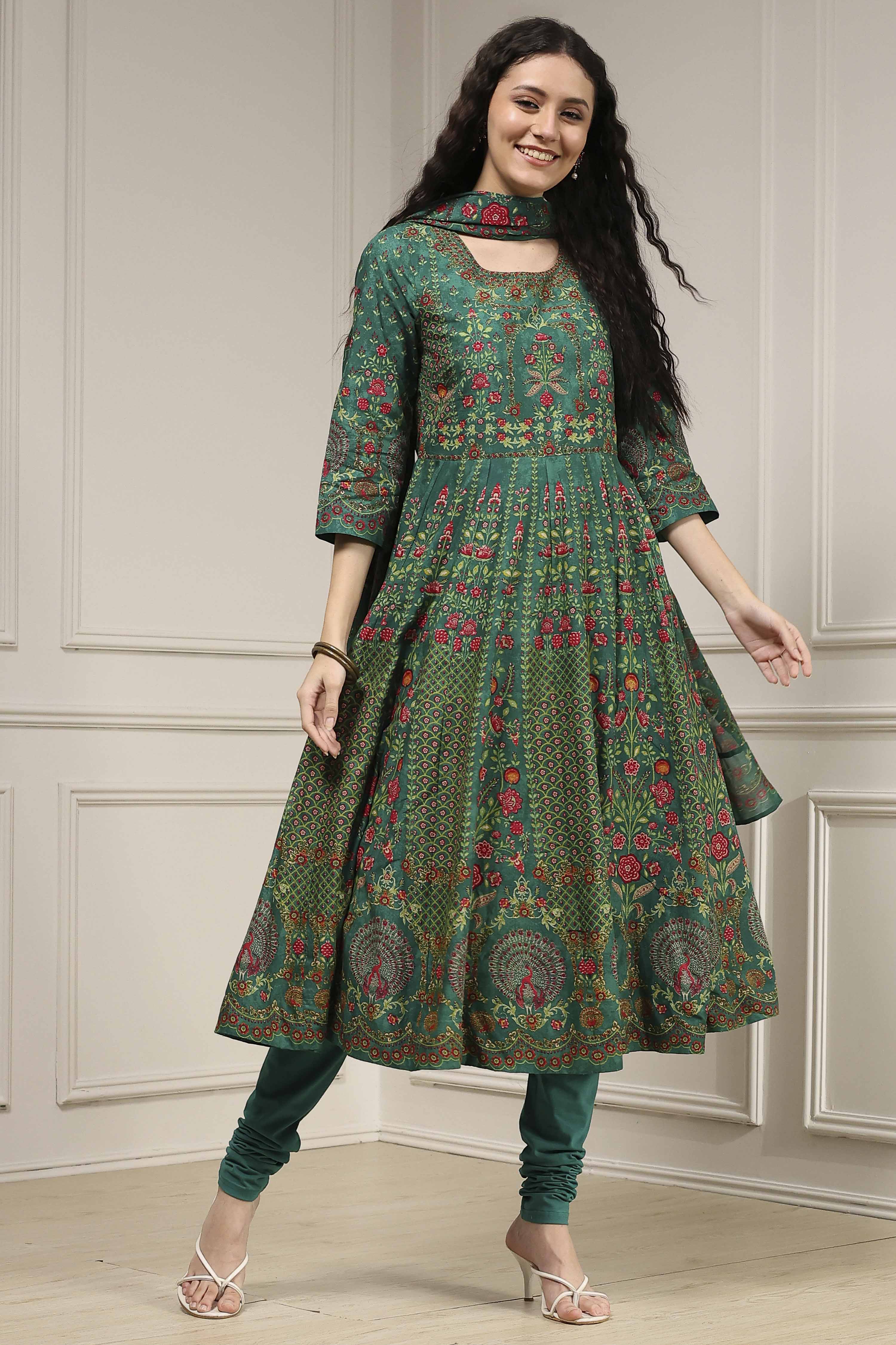 Off-White Cotton Printed Anarkali Suit Set image number 5