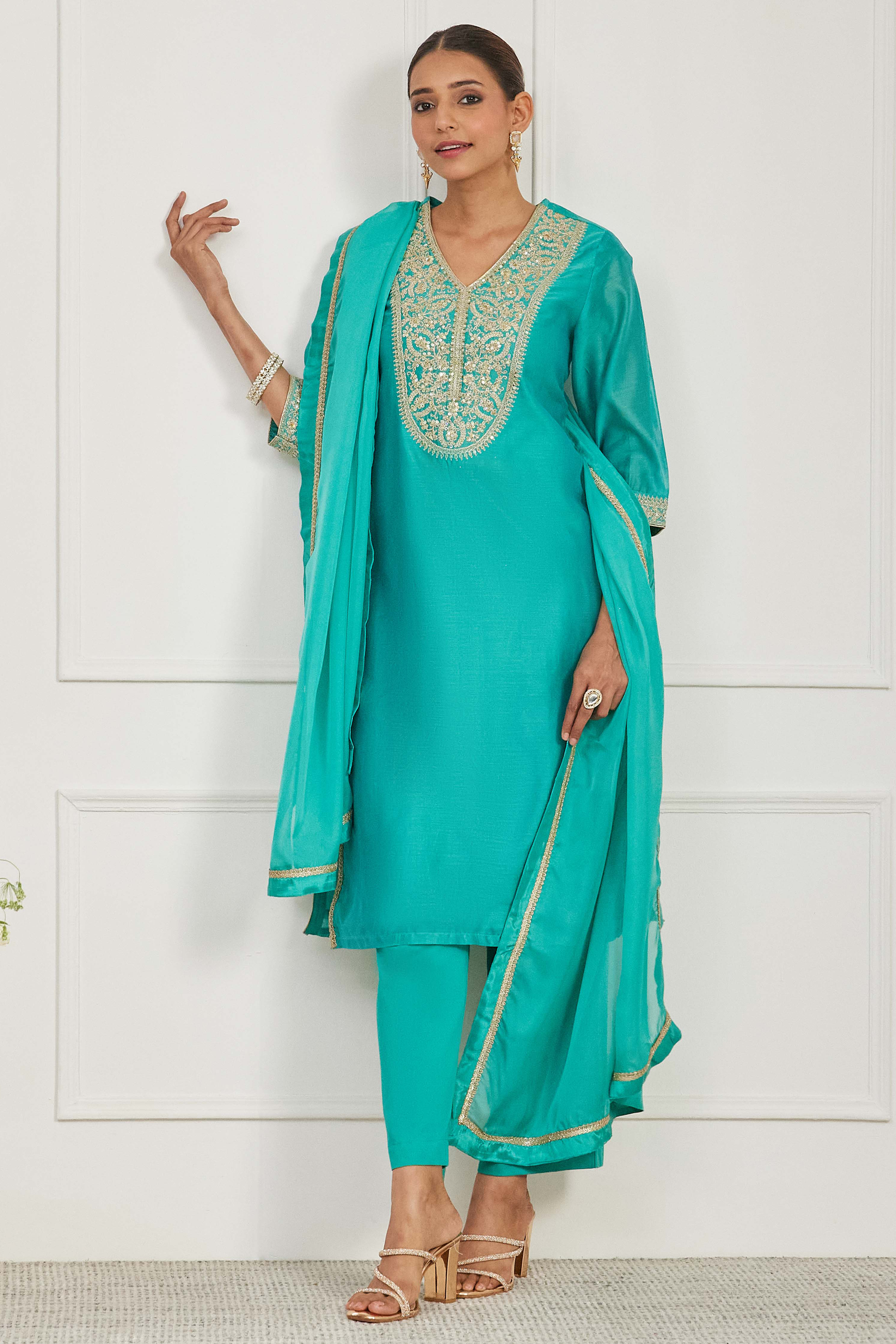 Turquoise Cotton Silk Printed Straight Kurta Set image number 0