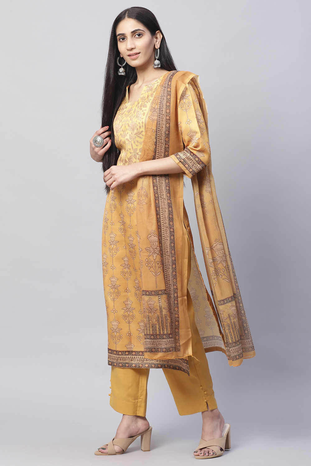 Navy Silk Blend Digital Print Unstitched Suit Set image number 5