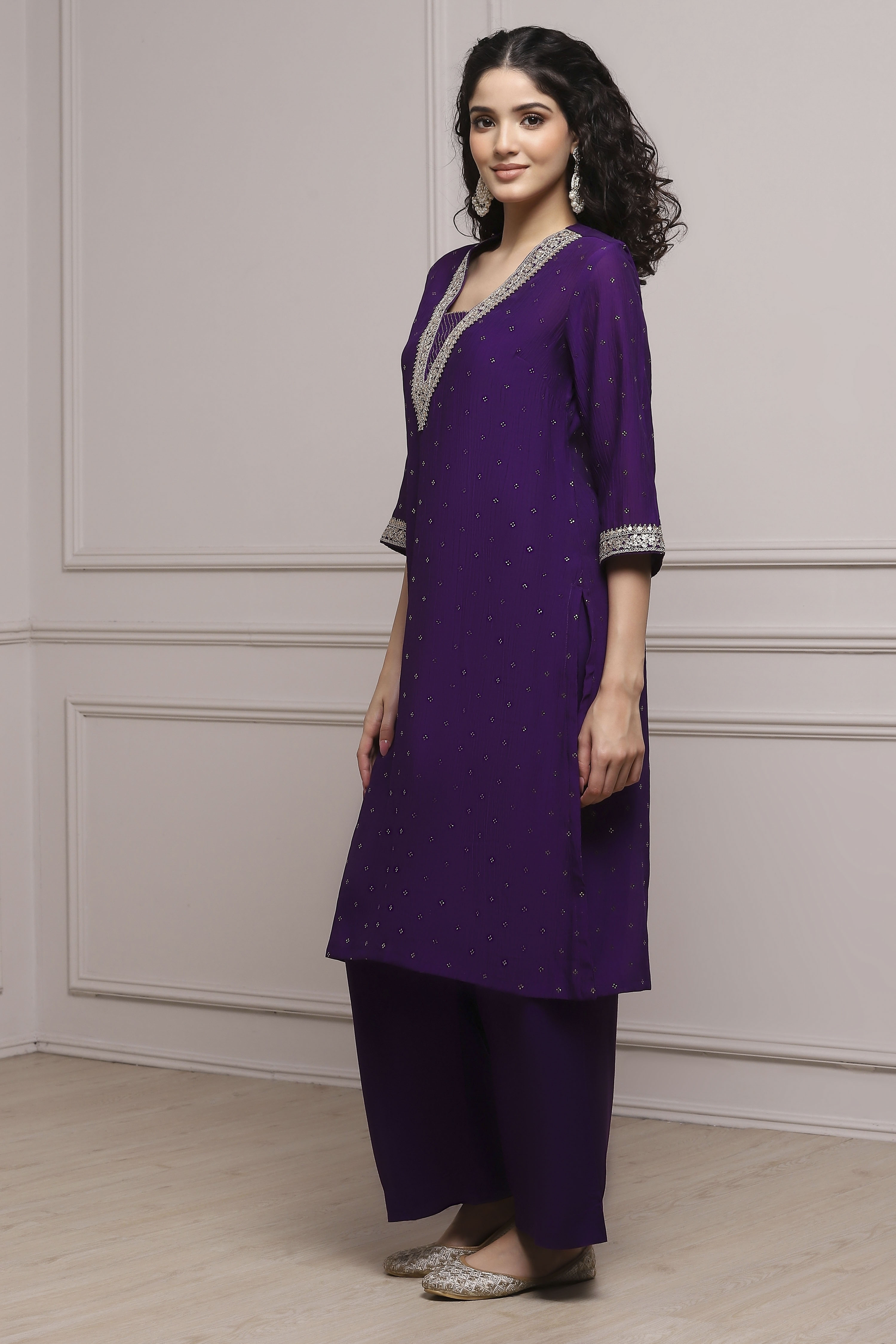Purple Art Silk Straight Kurta Pants Set image number 3