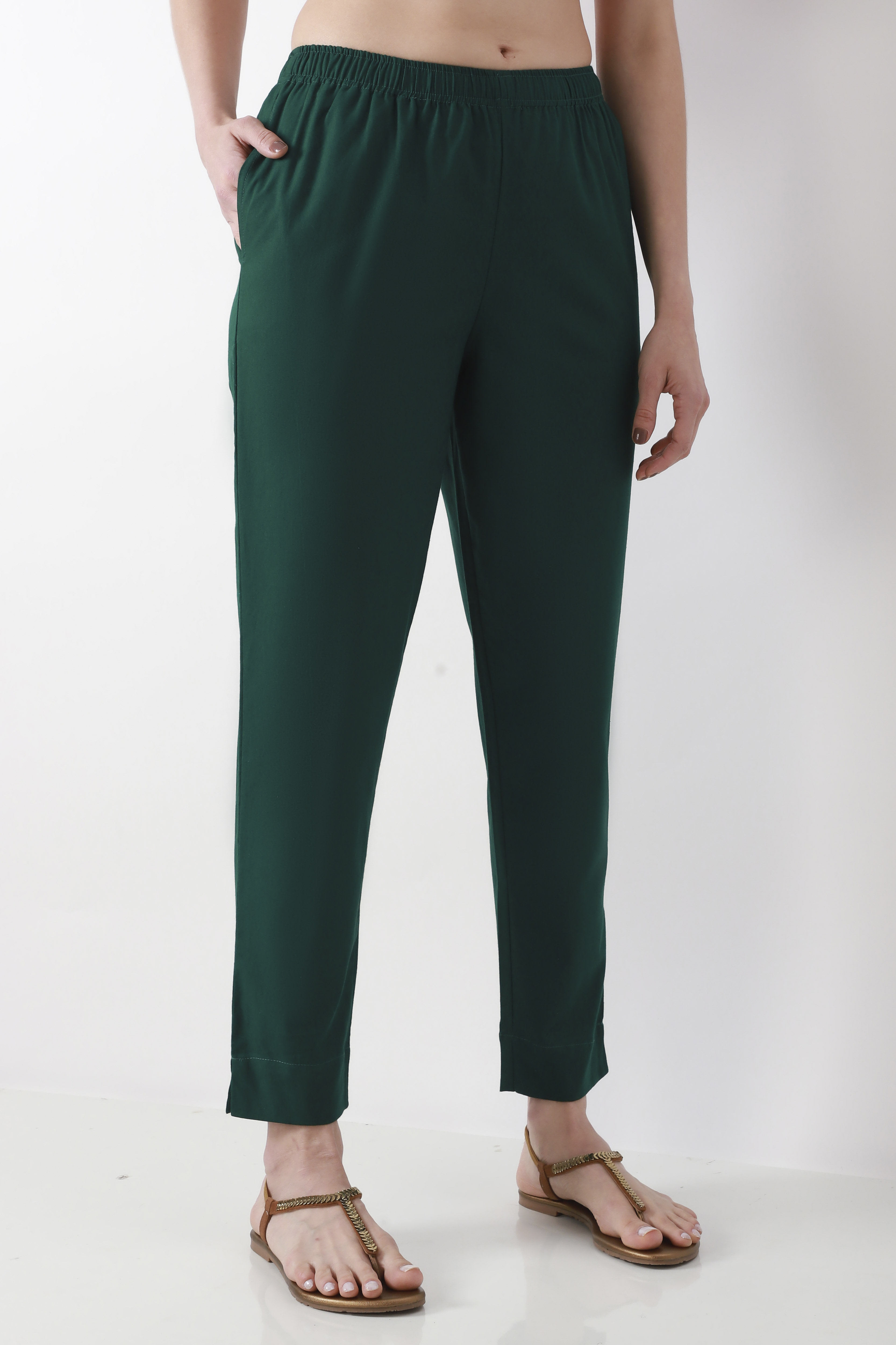 Bottle Green Cotton Solid Fitted Pants image number 3