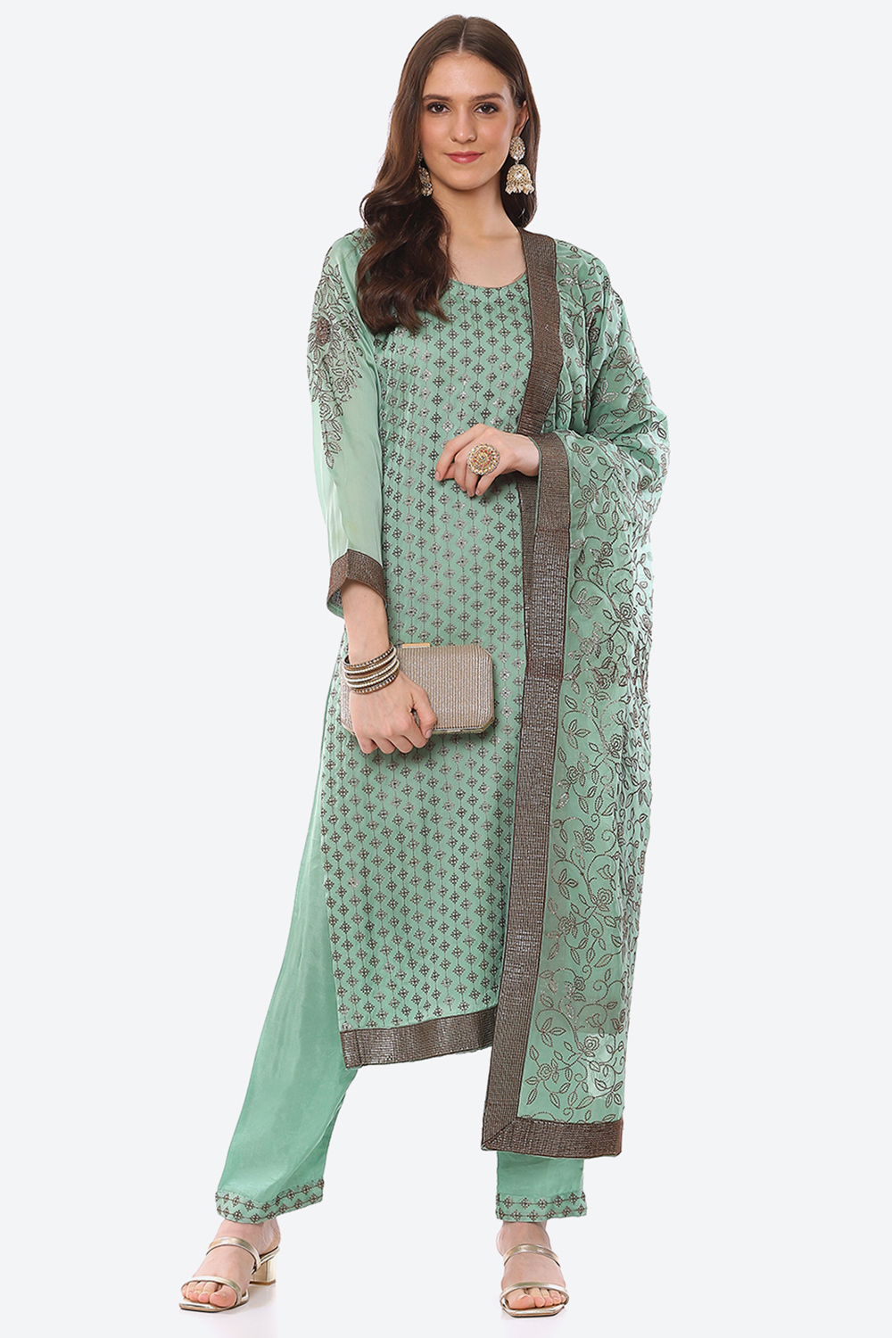 Green Organza Satin Unstitched Suit Set image number 7