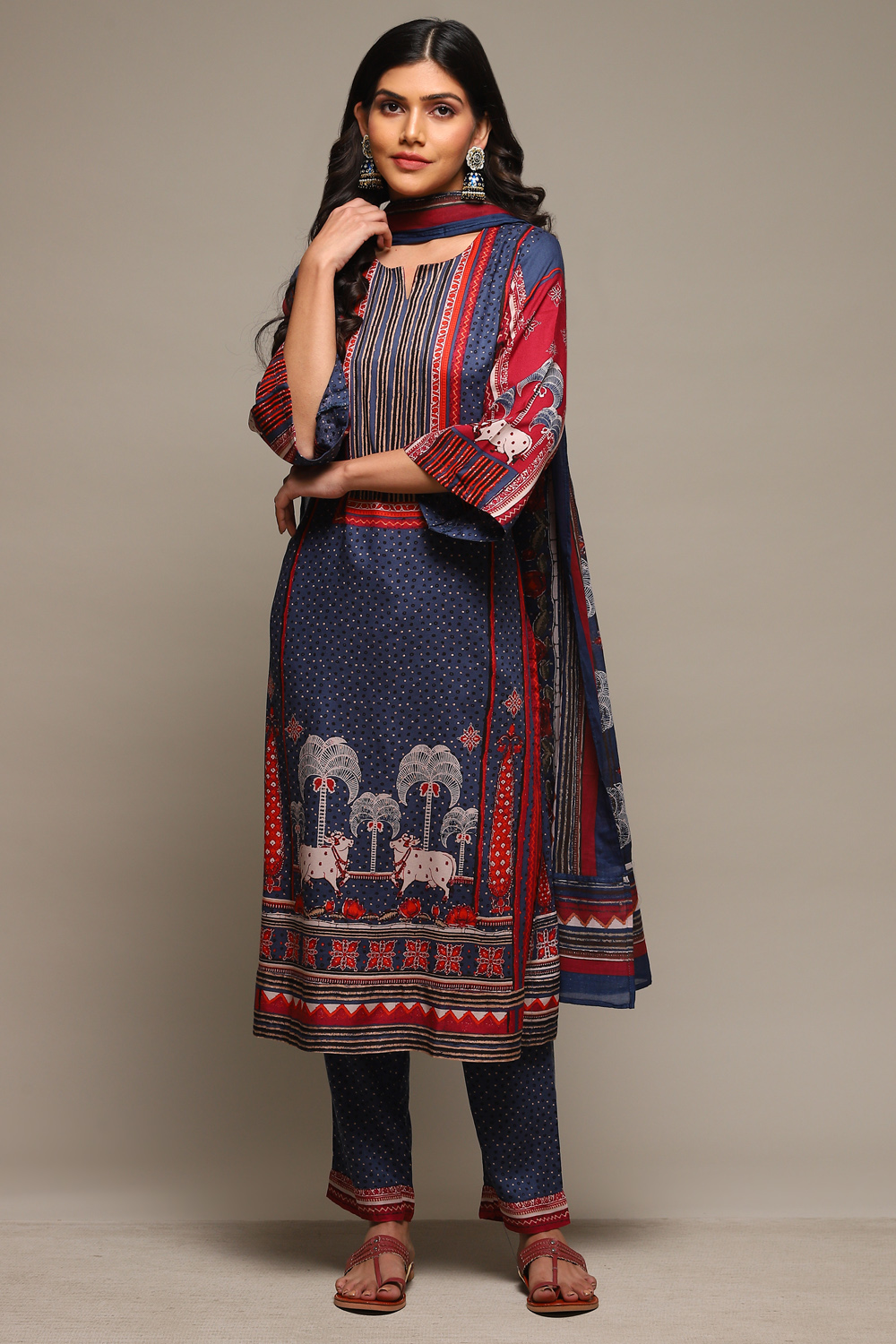 Indigo & Red Rayon Straight Kurta Pants Suit Set image number 7