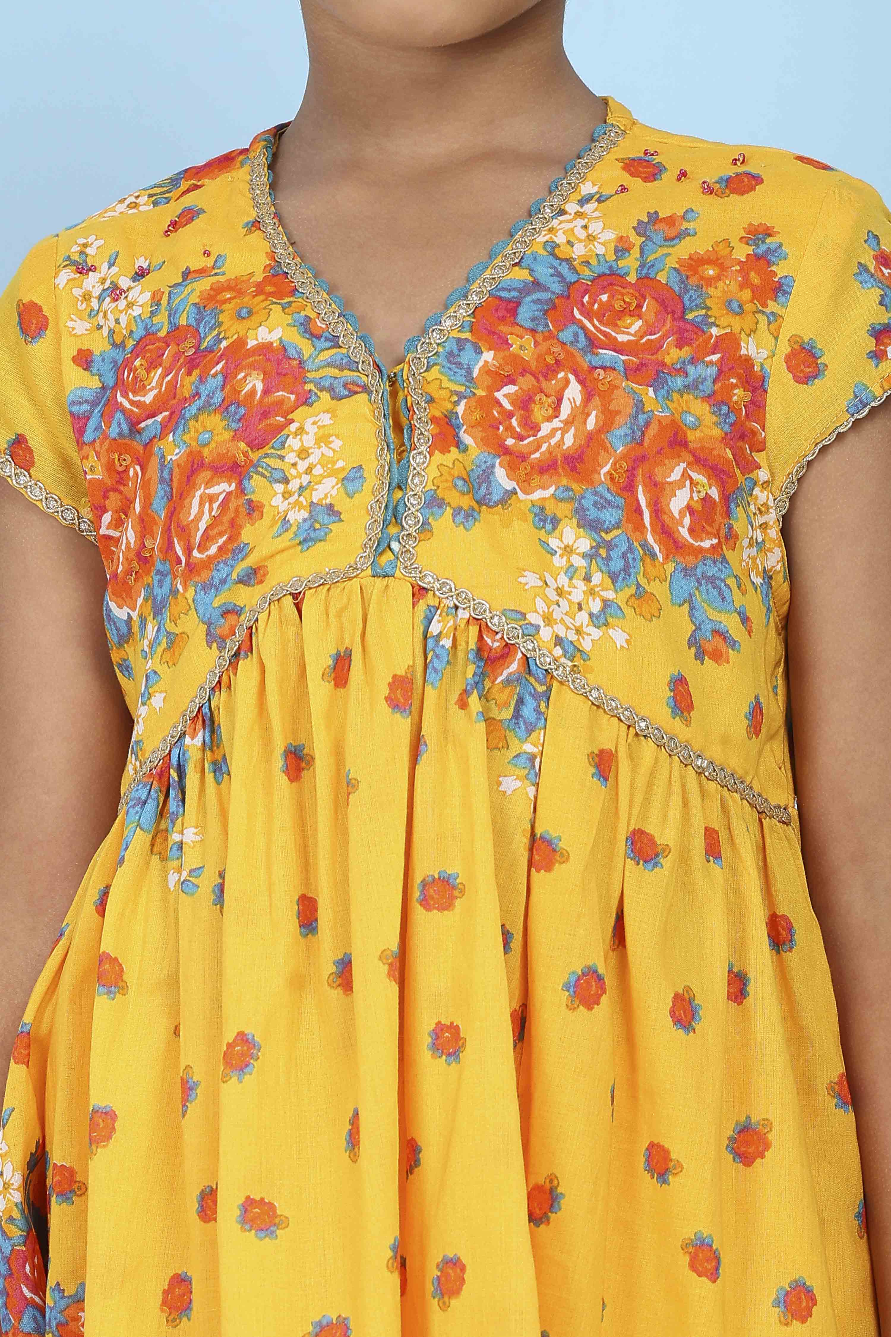 Yellow Cotton Floral Printed Anarkali Suit Set image number 1