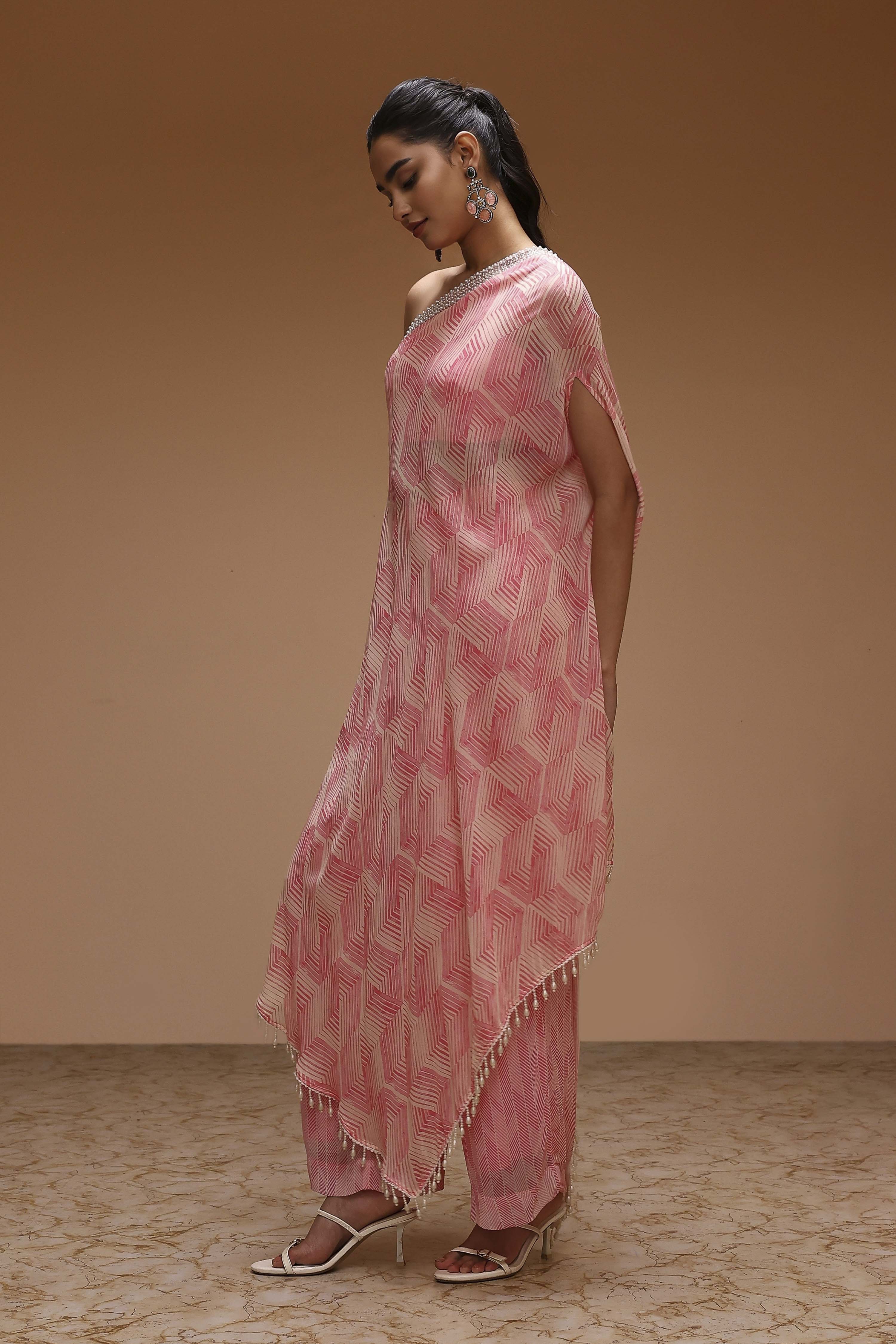 Pink Viscose Georgette Printed One-Shoulder Kurta Set image number 3