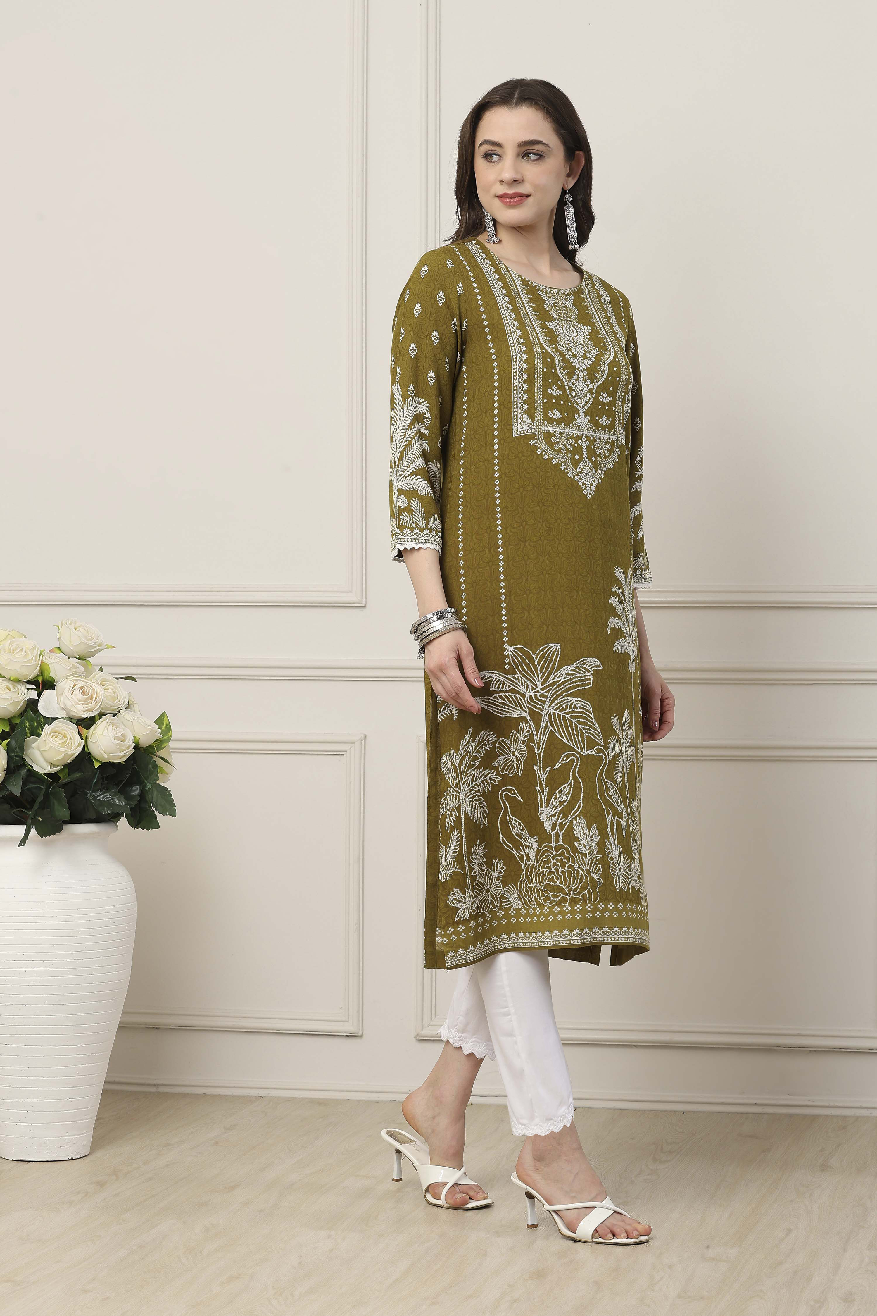 Blue Viscose Rayon Floral Printed Straight Kurta image number 4