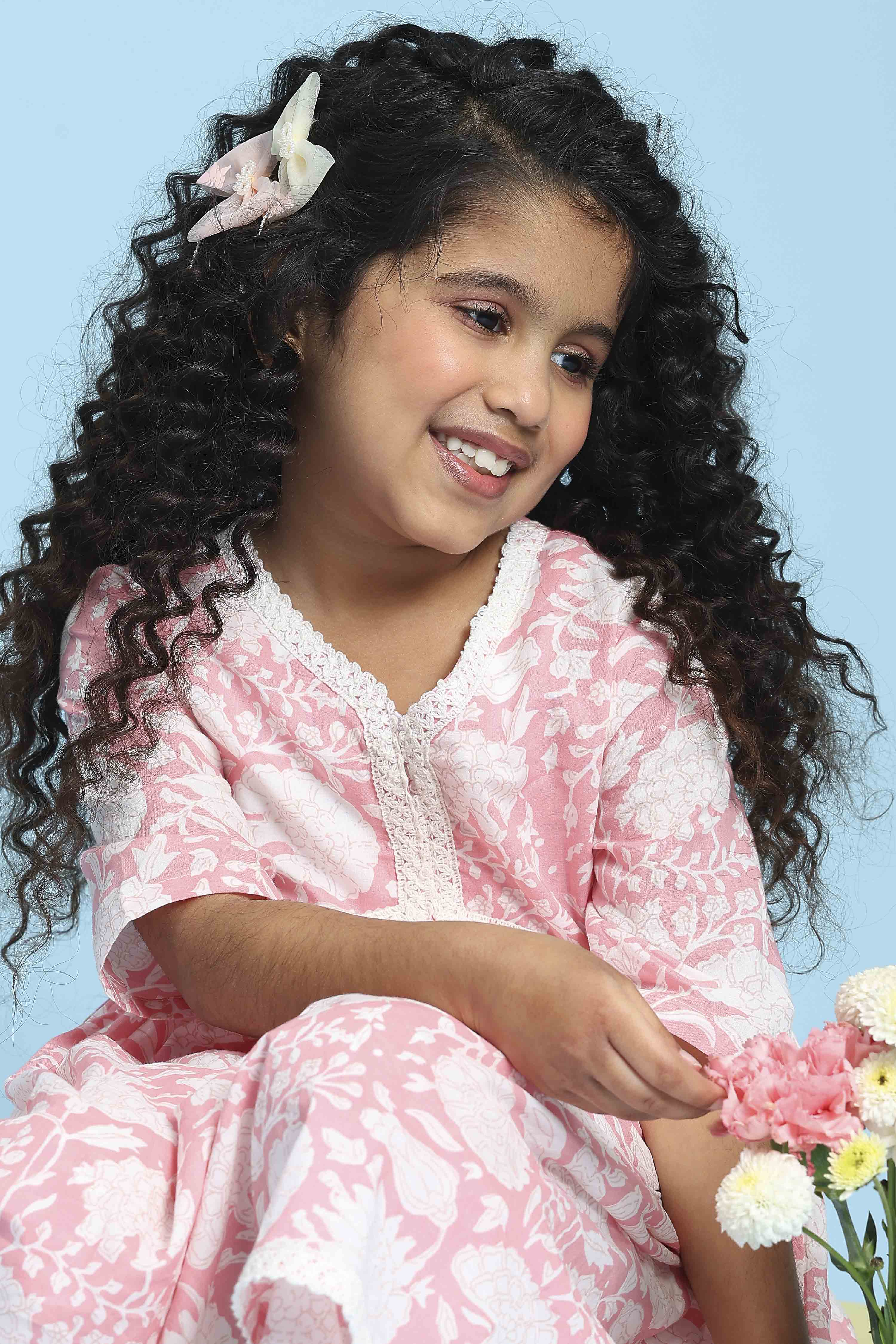 Blush Pink Cotton Printed Gathered Kurta Set image number 1