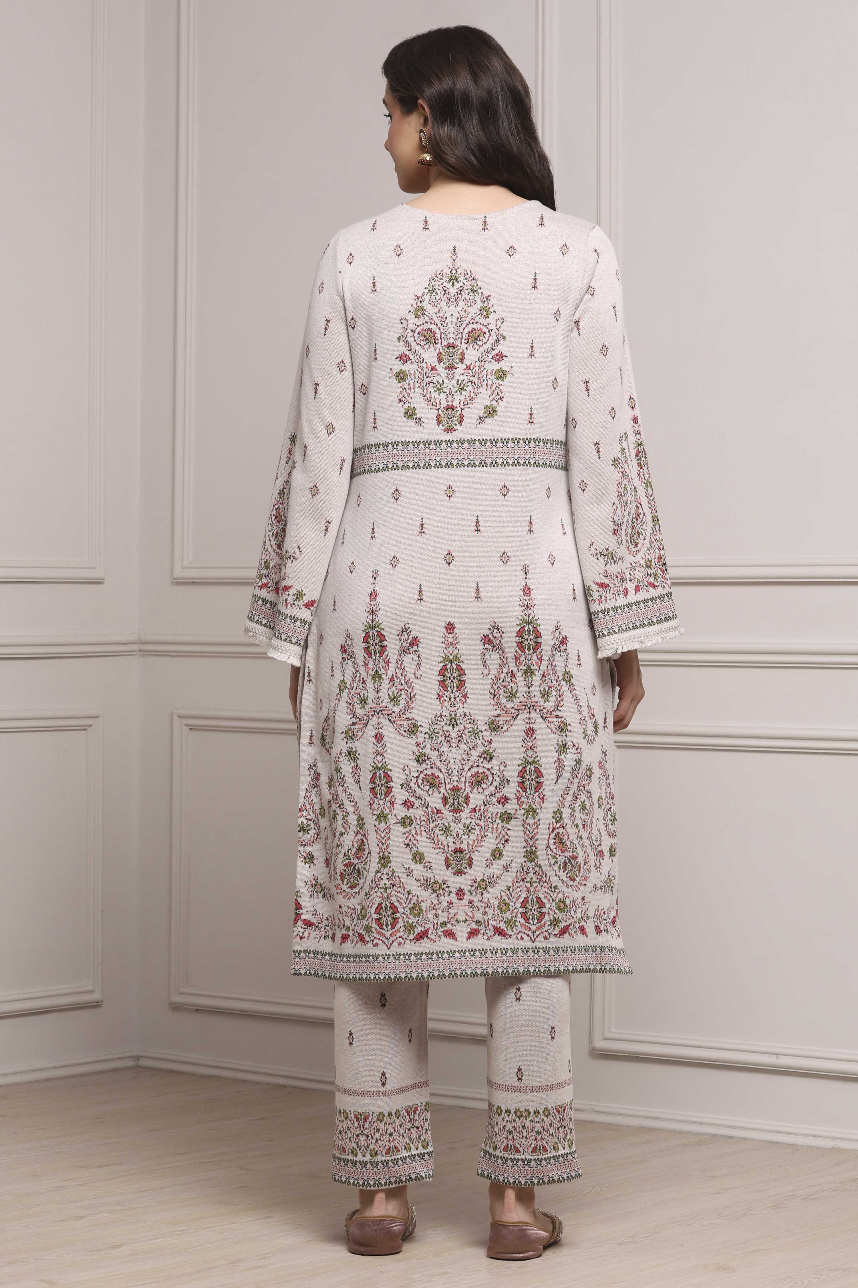 Ivory Printed Straight Winter Suit Set image number 4