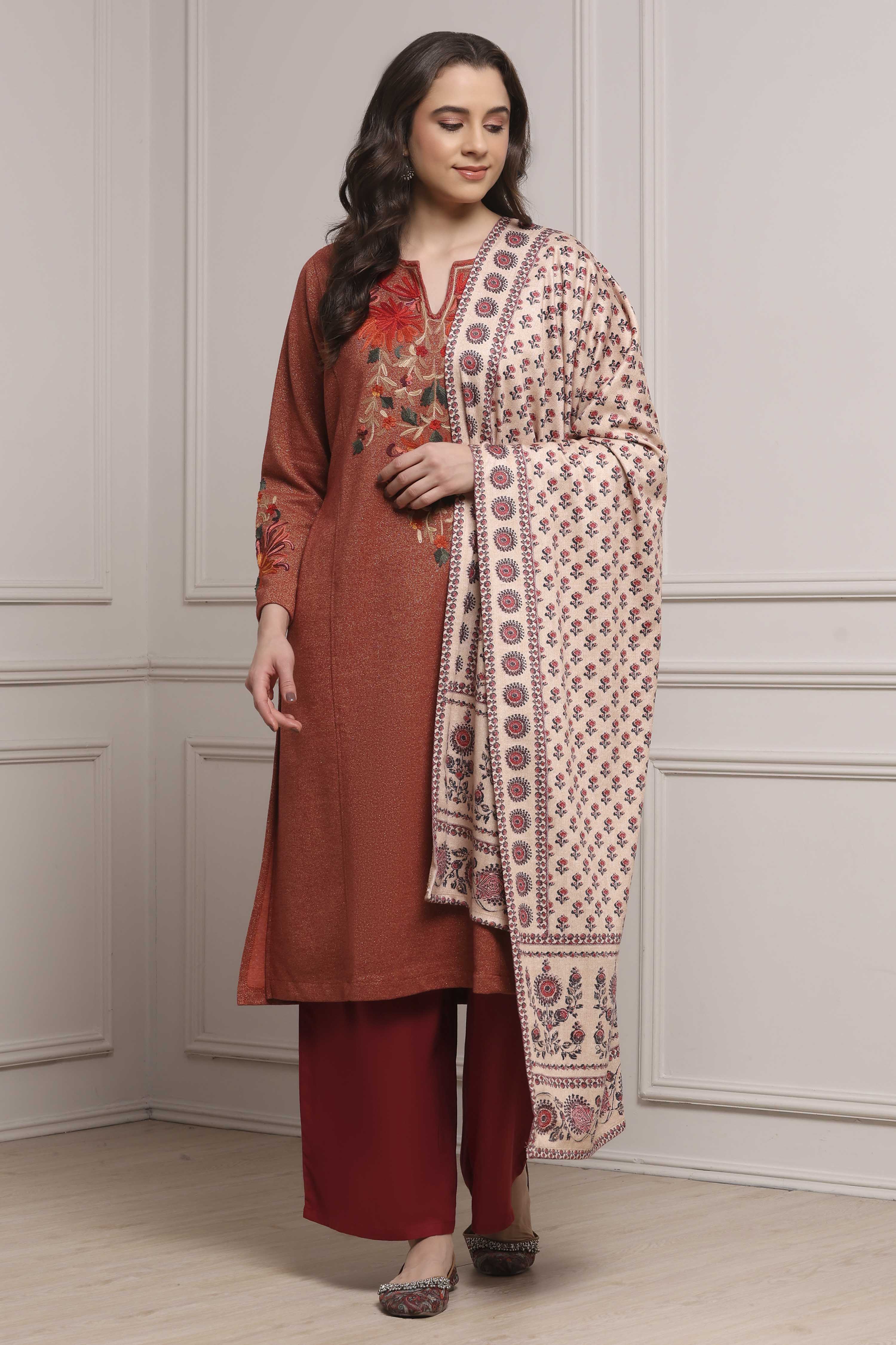 Beige Printed Winter Stole image number 1