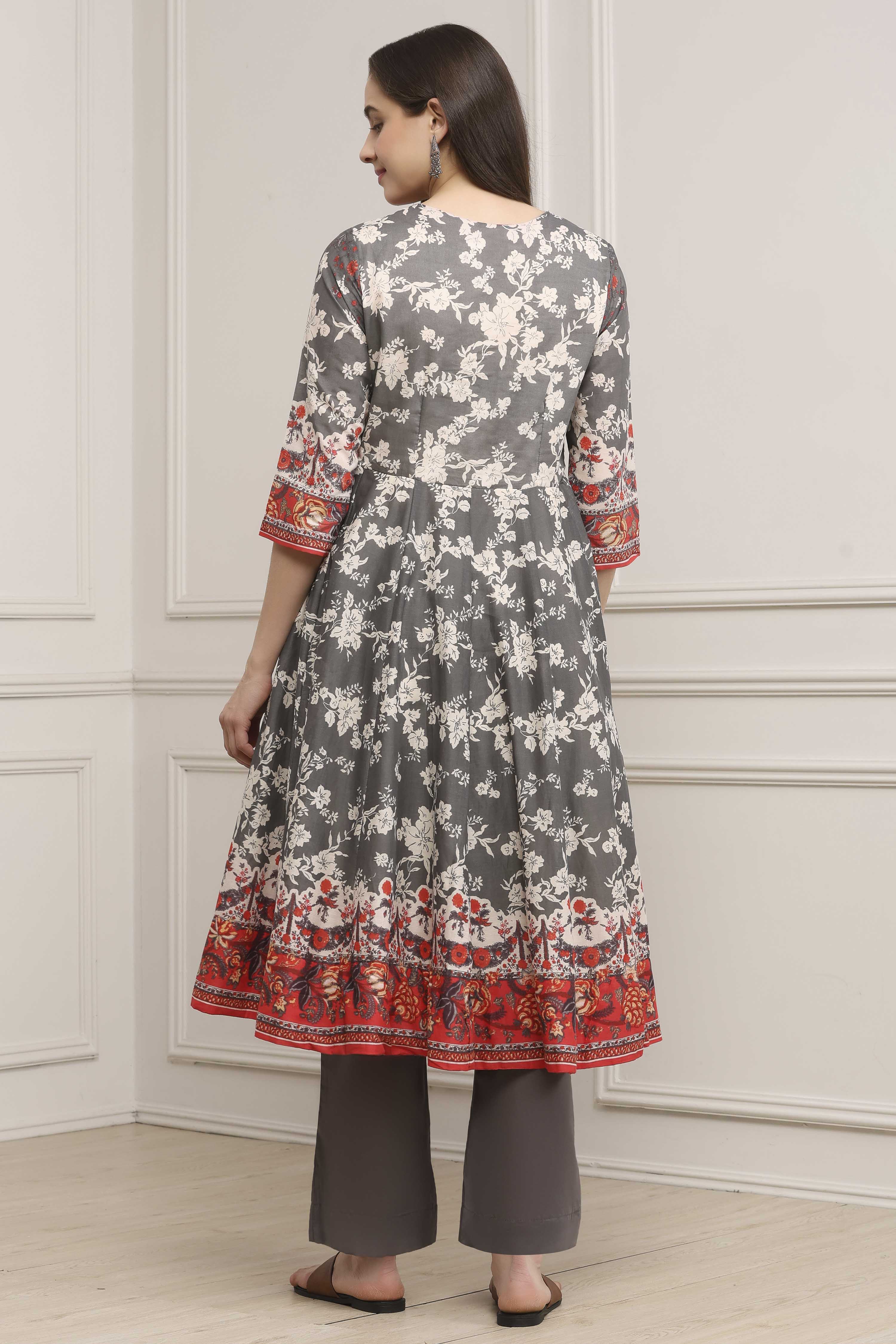 Grey Cotton Printed Anarkali Suit Set image number 4