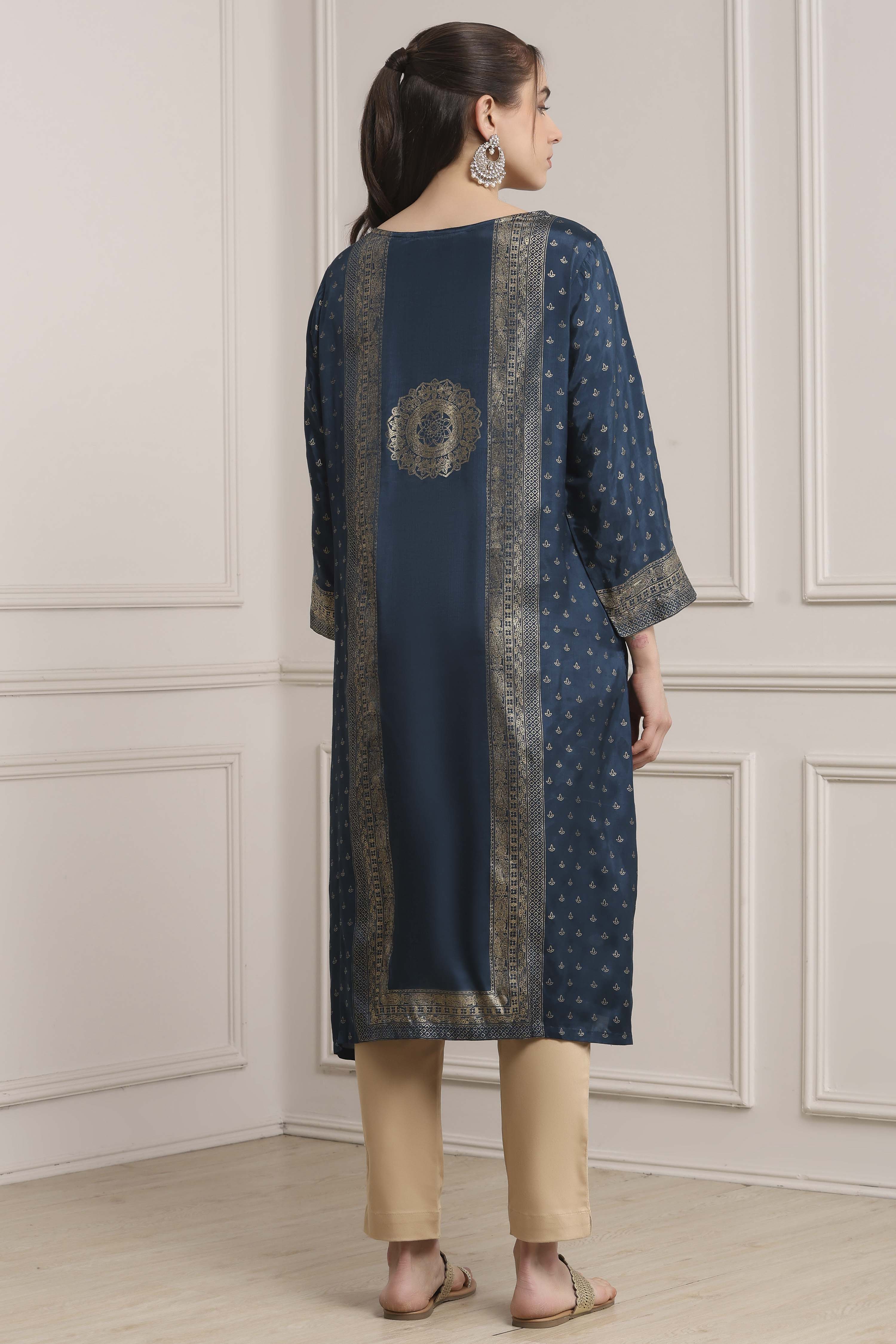 Indigo Viscose Rayon A-Line Kurta Pants Set image number 4