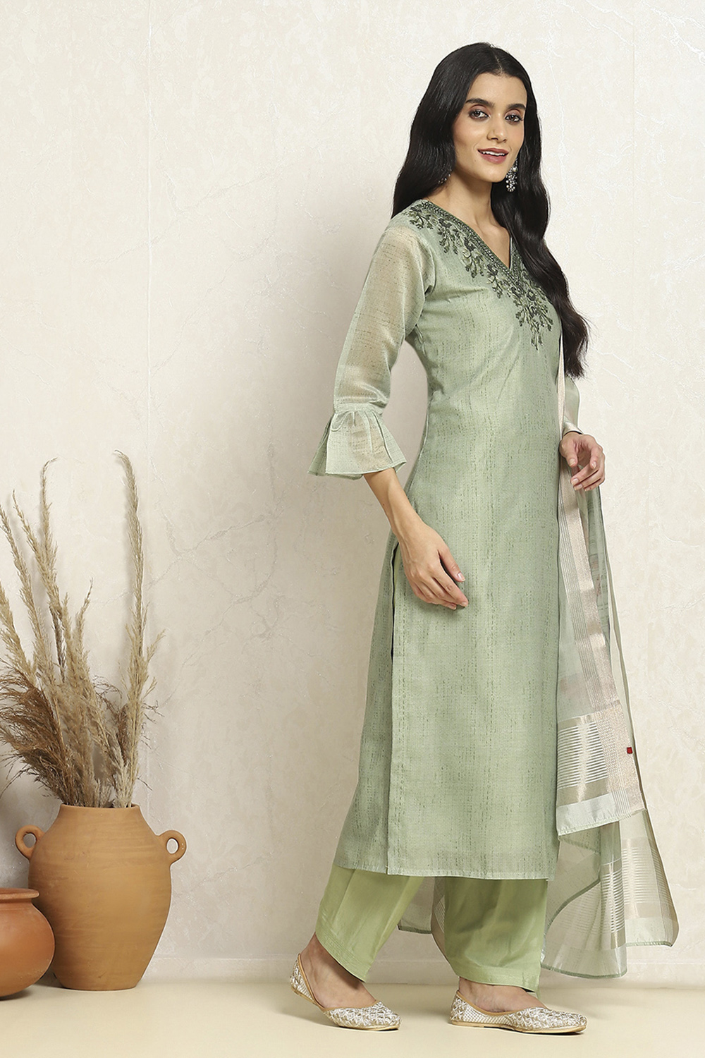Green Chanderi Hand Embroidered Unstitched Suit Set image number 6