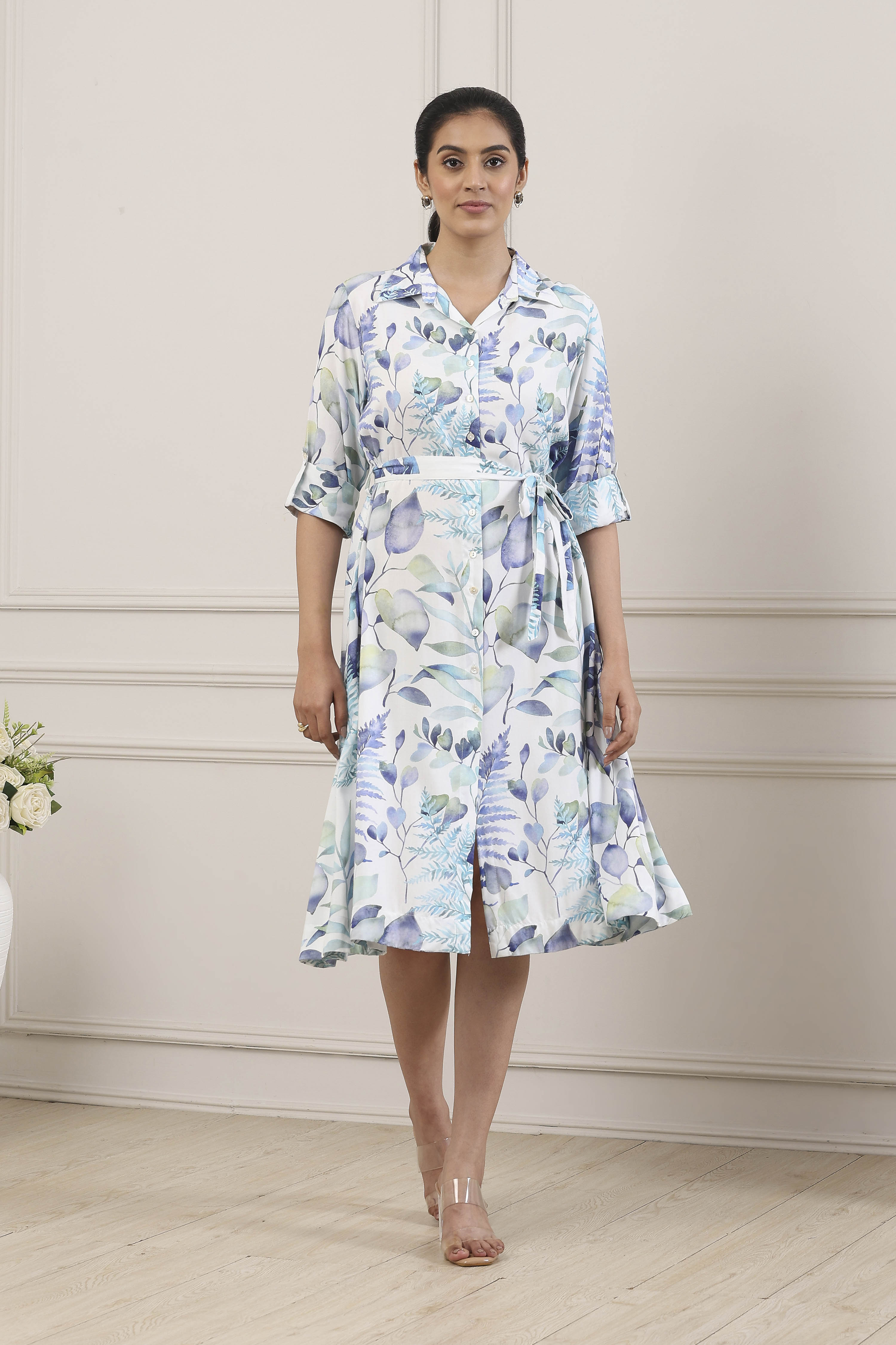 Blue All-Over Floral Printed A-Line Dress image number 5