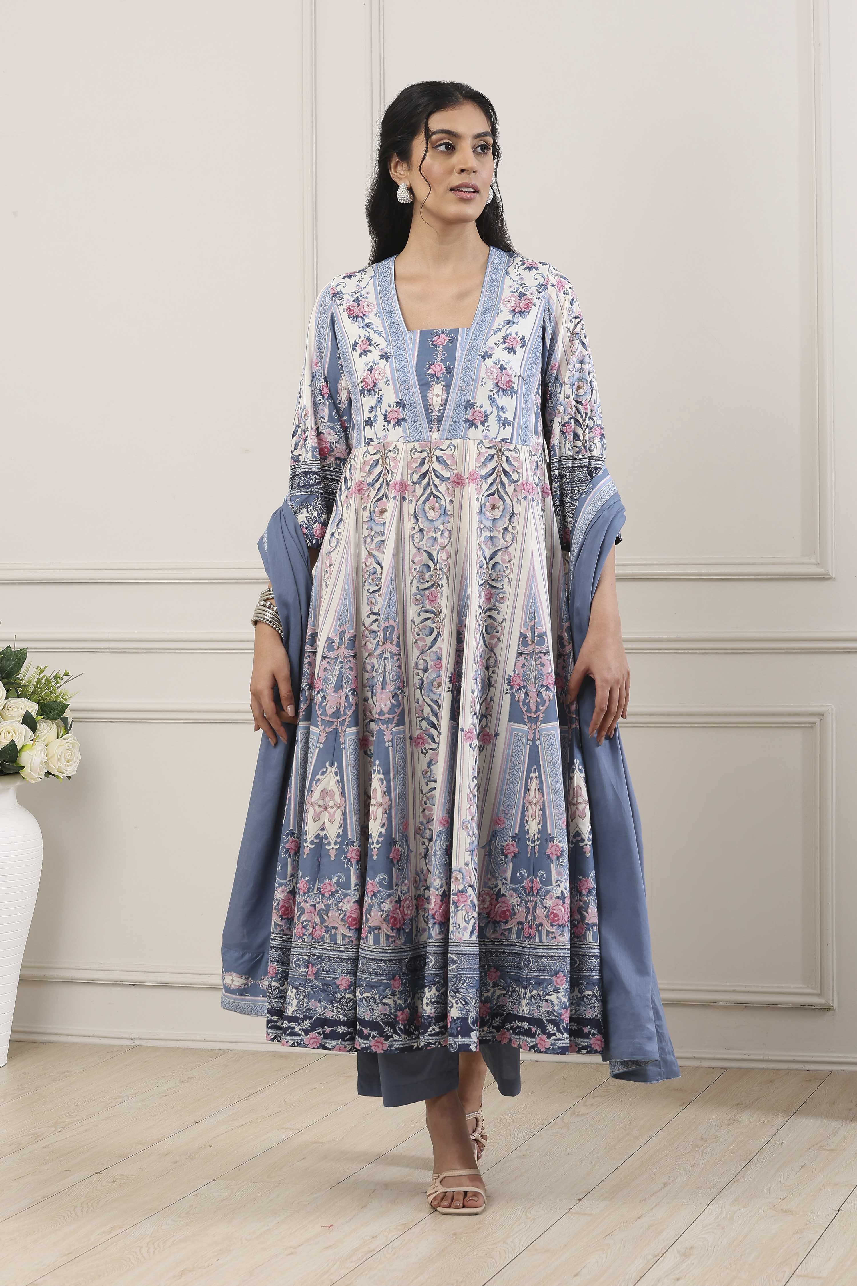 Blue Cotton Floral Printed Anarkali Suit Set image number 6
