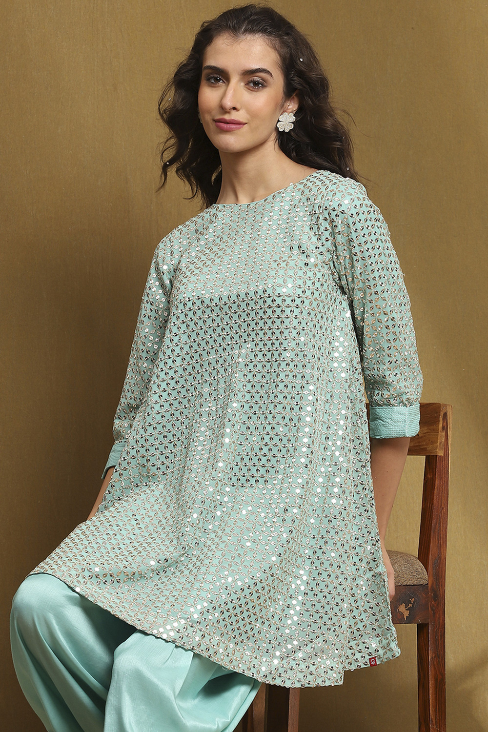 Aqua Blue Viscose Blend Embellished Asymmetric Kurta Set image number 7