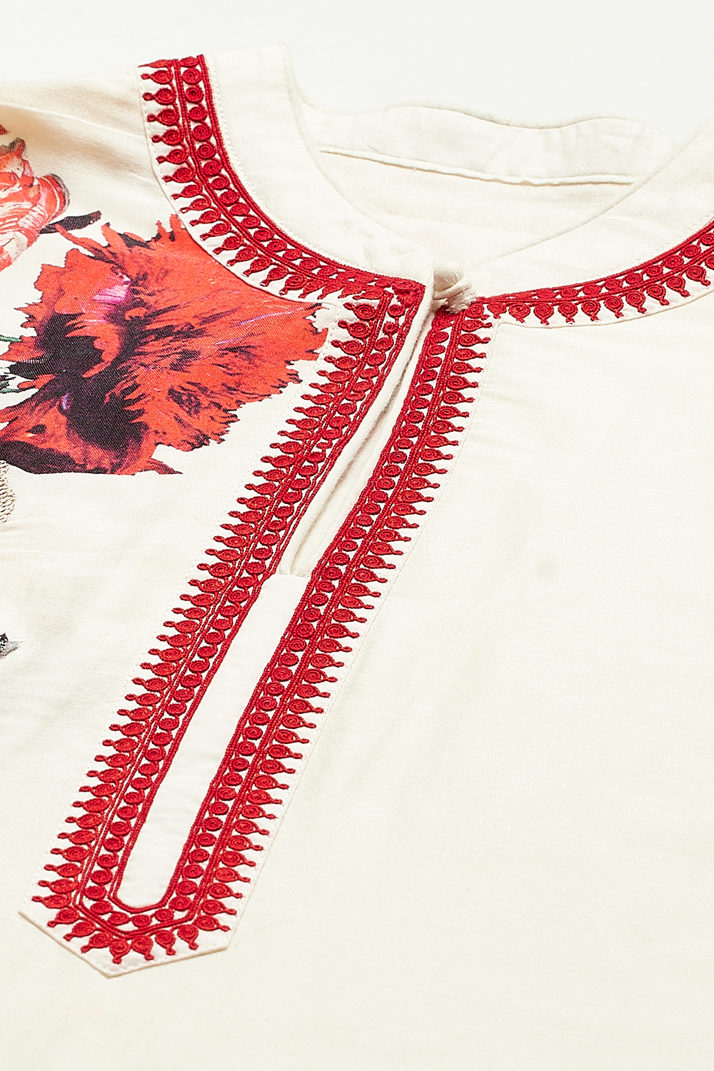 Off White Cotton Straight Printed Suit Set image number 1