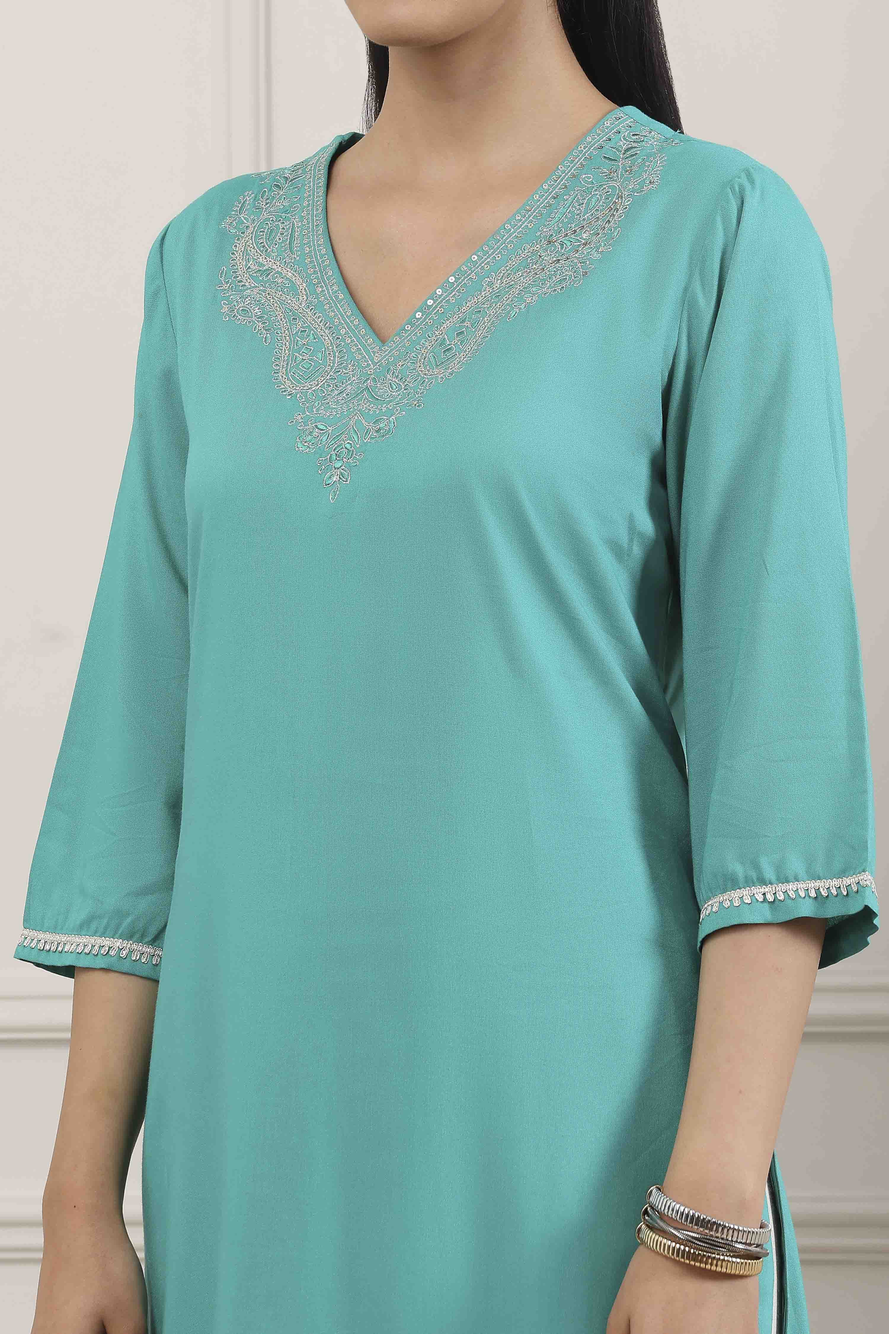 Turquoise Blue Sequined Embroidered Straight Kurta image number 1
