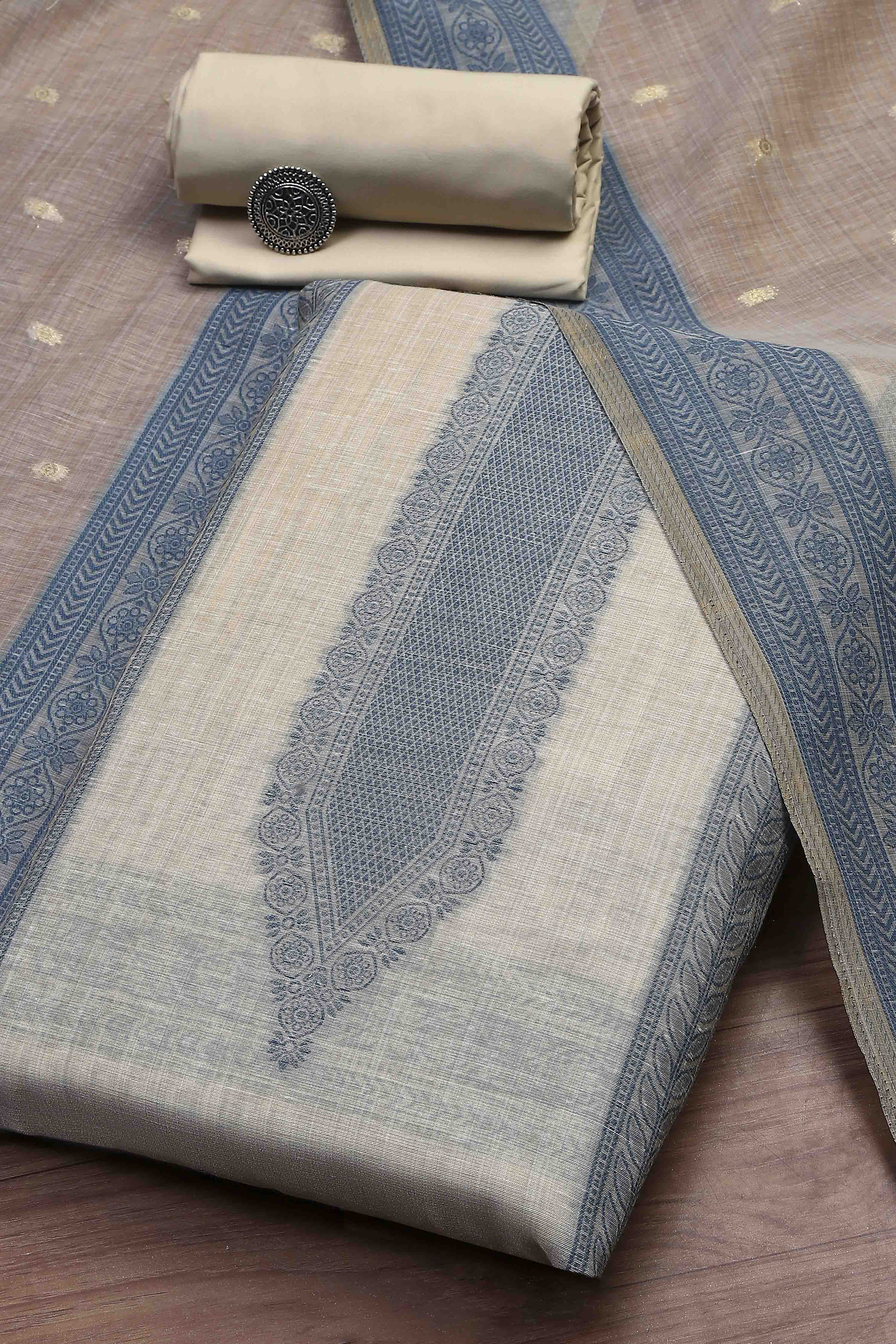 Blue Cotton Royal-Mughal Booti Print Unstitched Suit Set image number 0