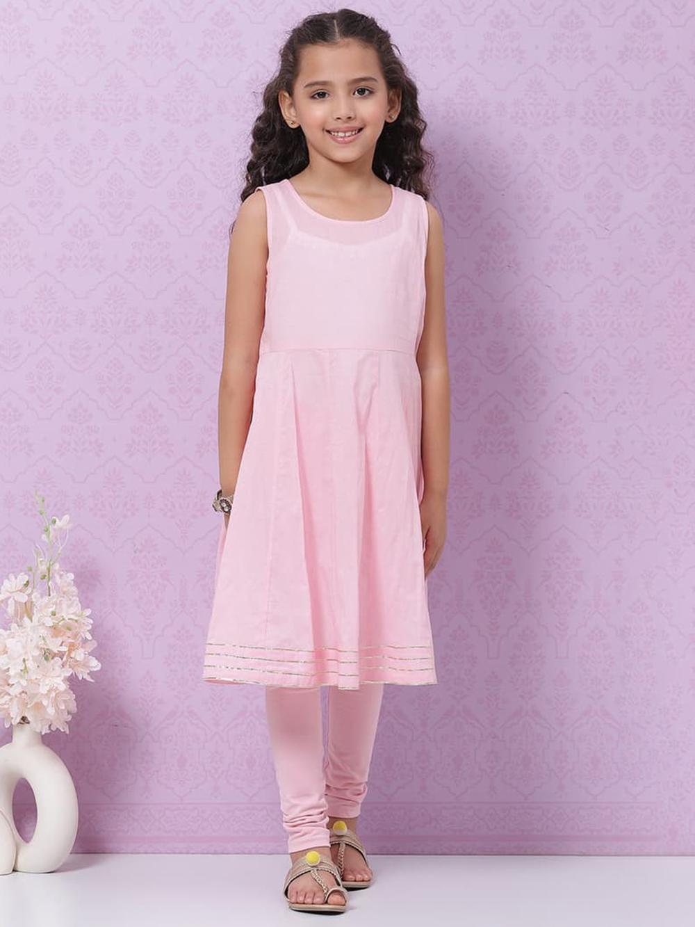 Pink Cotton Blend Flared Kurta Churidar Suit Set image number 7