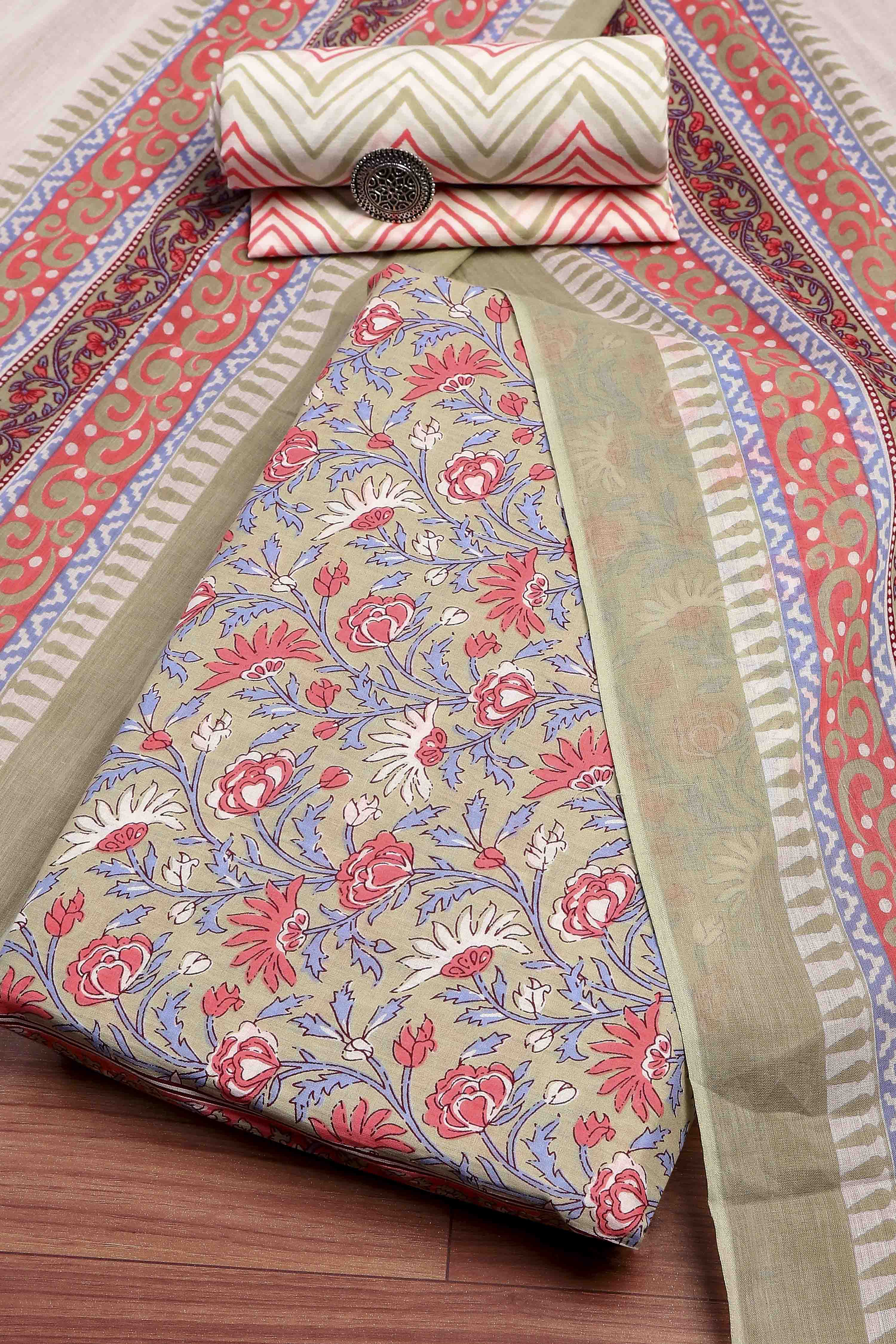 Teal Cotton Screen Print Unstitched Suit Set image number 0