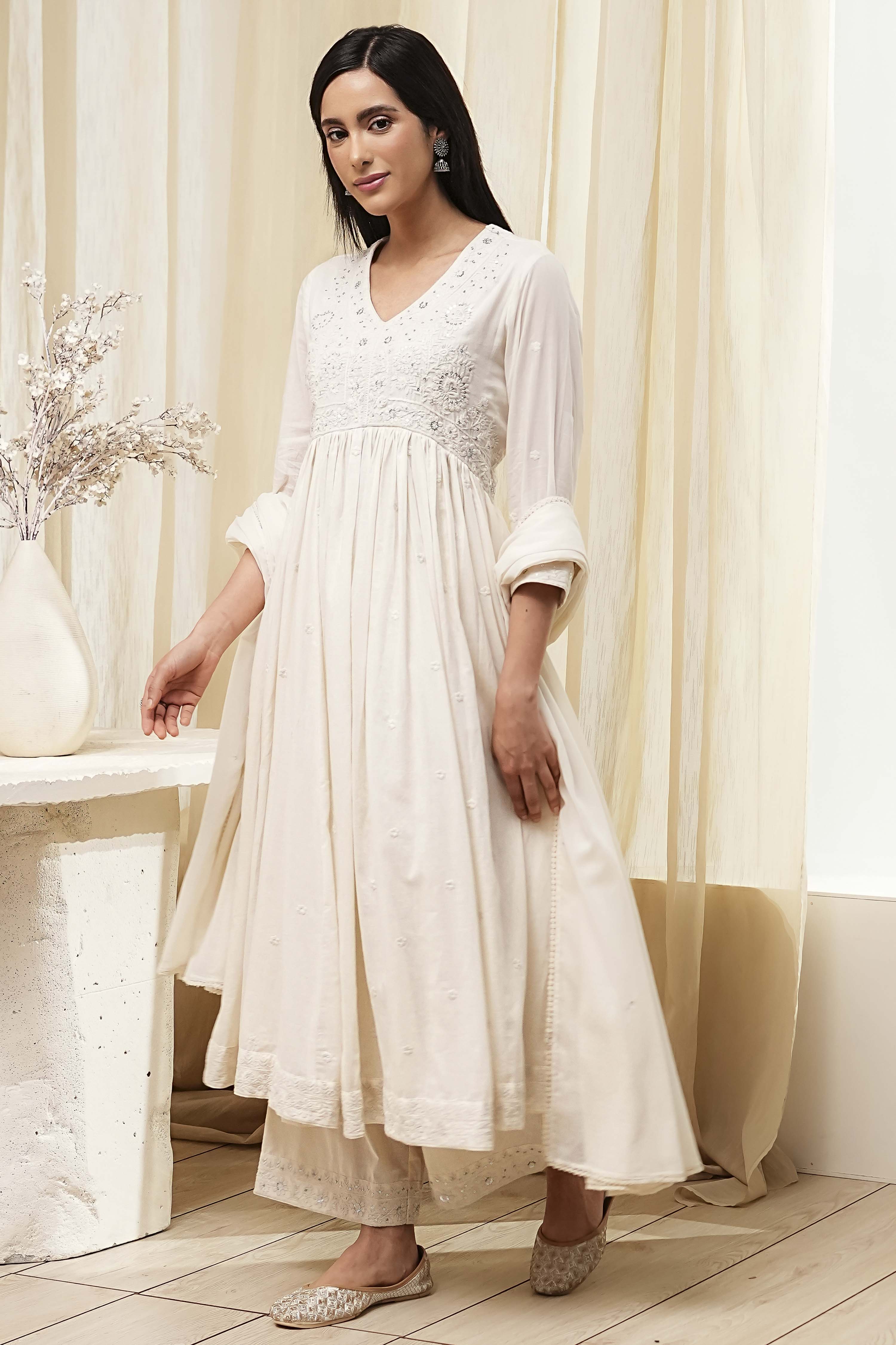 Off-White Cotton Embroidered Gathered Suit Set image number 3