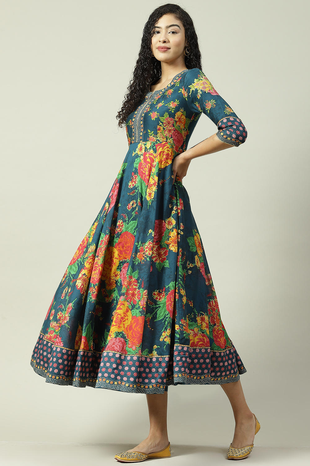 Red Cotton Flared Fusion Printed Dress image number 3