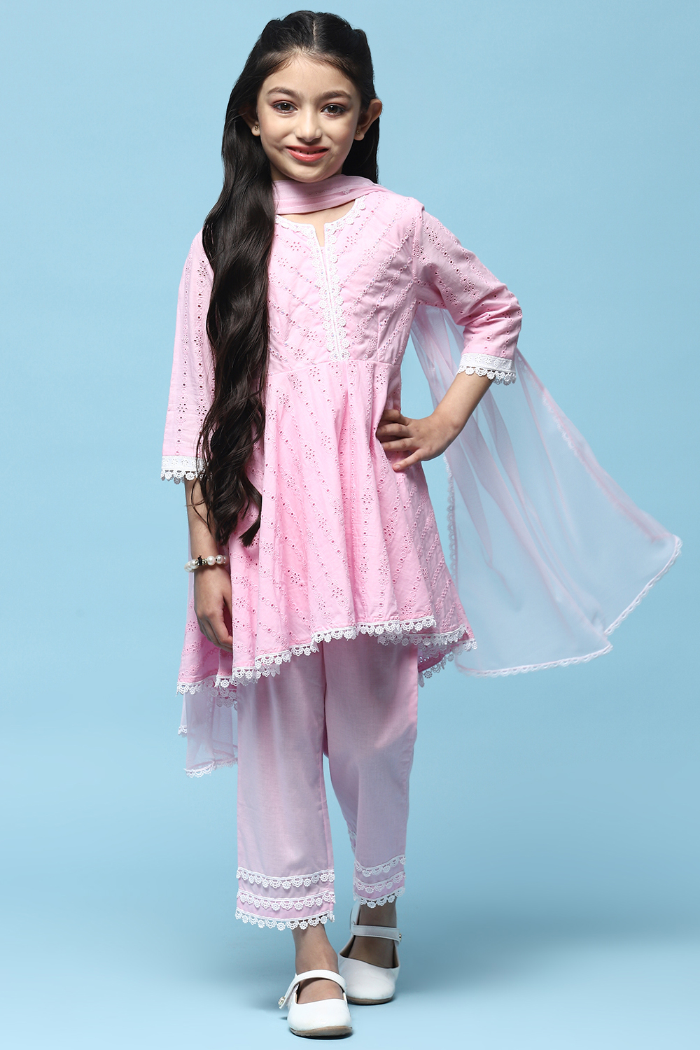 Pink Schiffli Cotton Flared Kurta With Palazzo & Net Dupatta image number 0