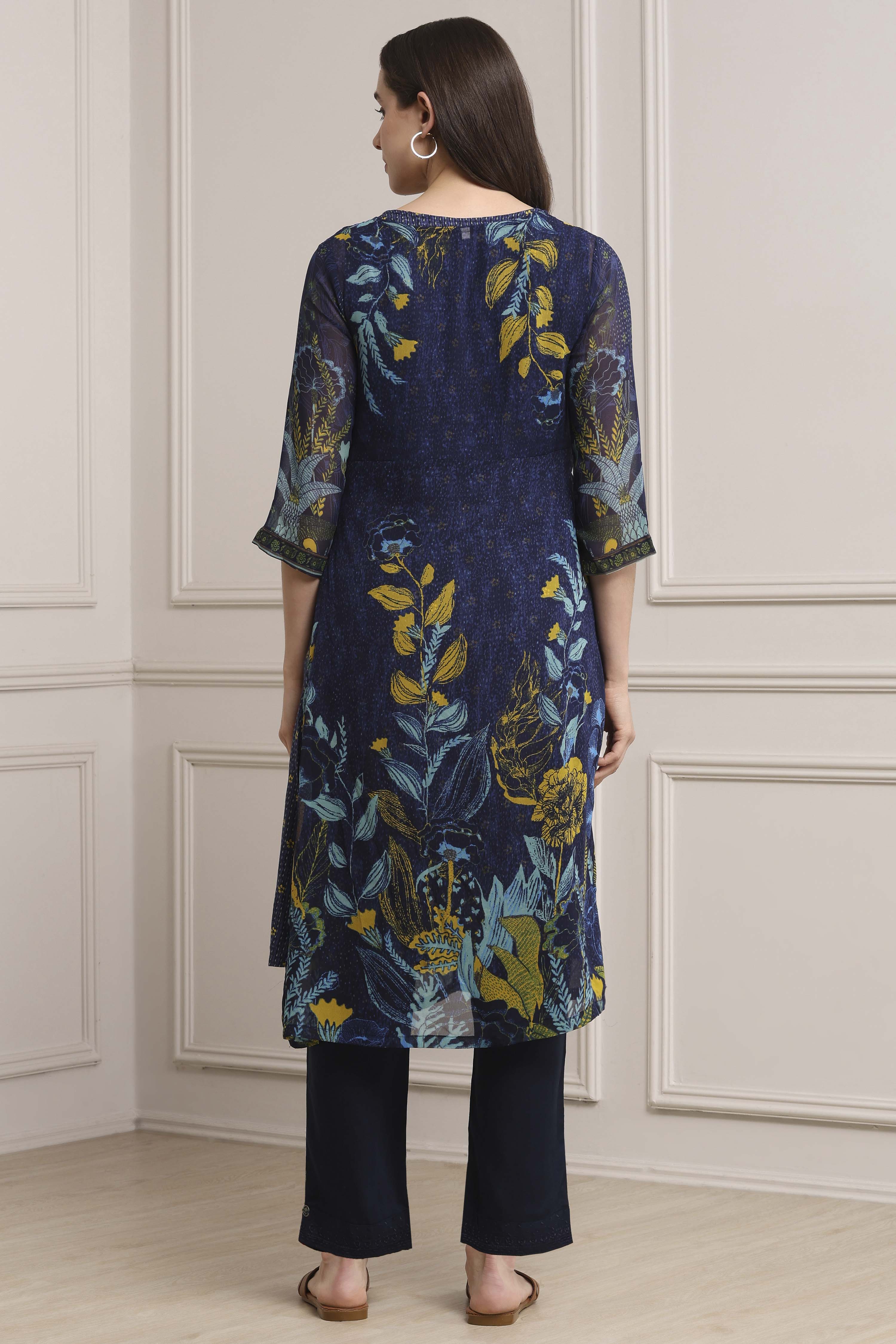 Navy Polyester Straight Kurta Pants Set image number 4