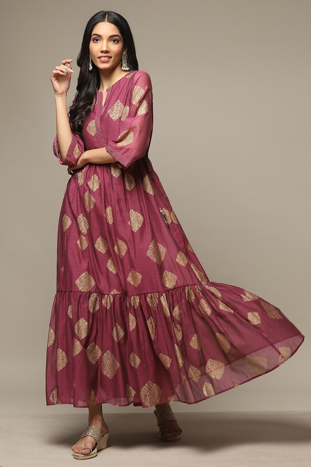 Golden Yellow Cotton Blend Tiered Printed Dress image number 5