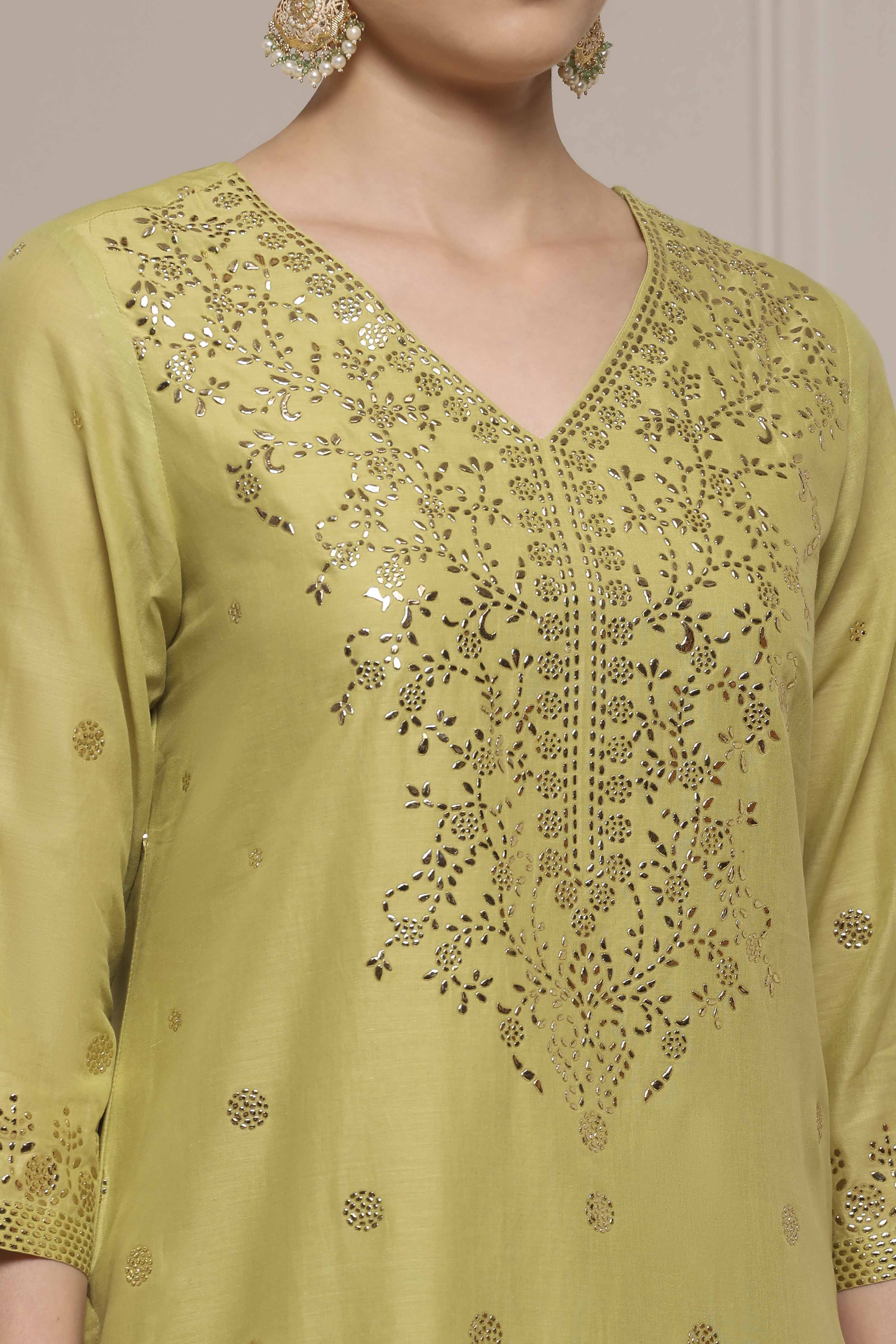 Green Cotton Metallic Pattern Sharara Suit Set image number 1
