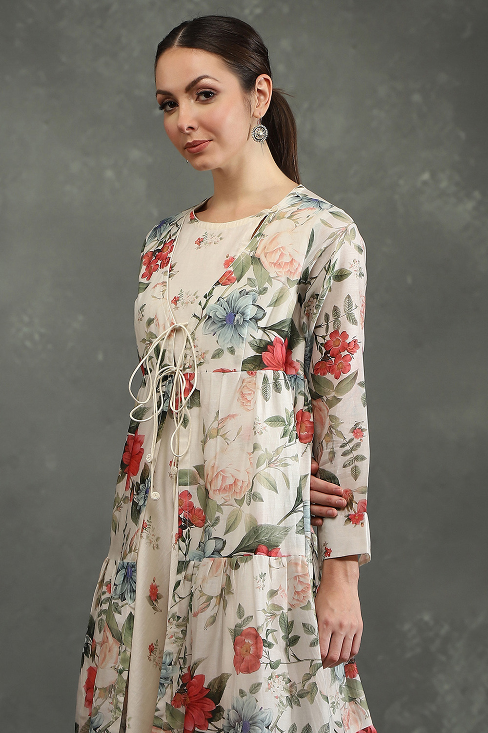 Ivory Silk Chanderi Floral Front-Open Dress image number 1