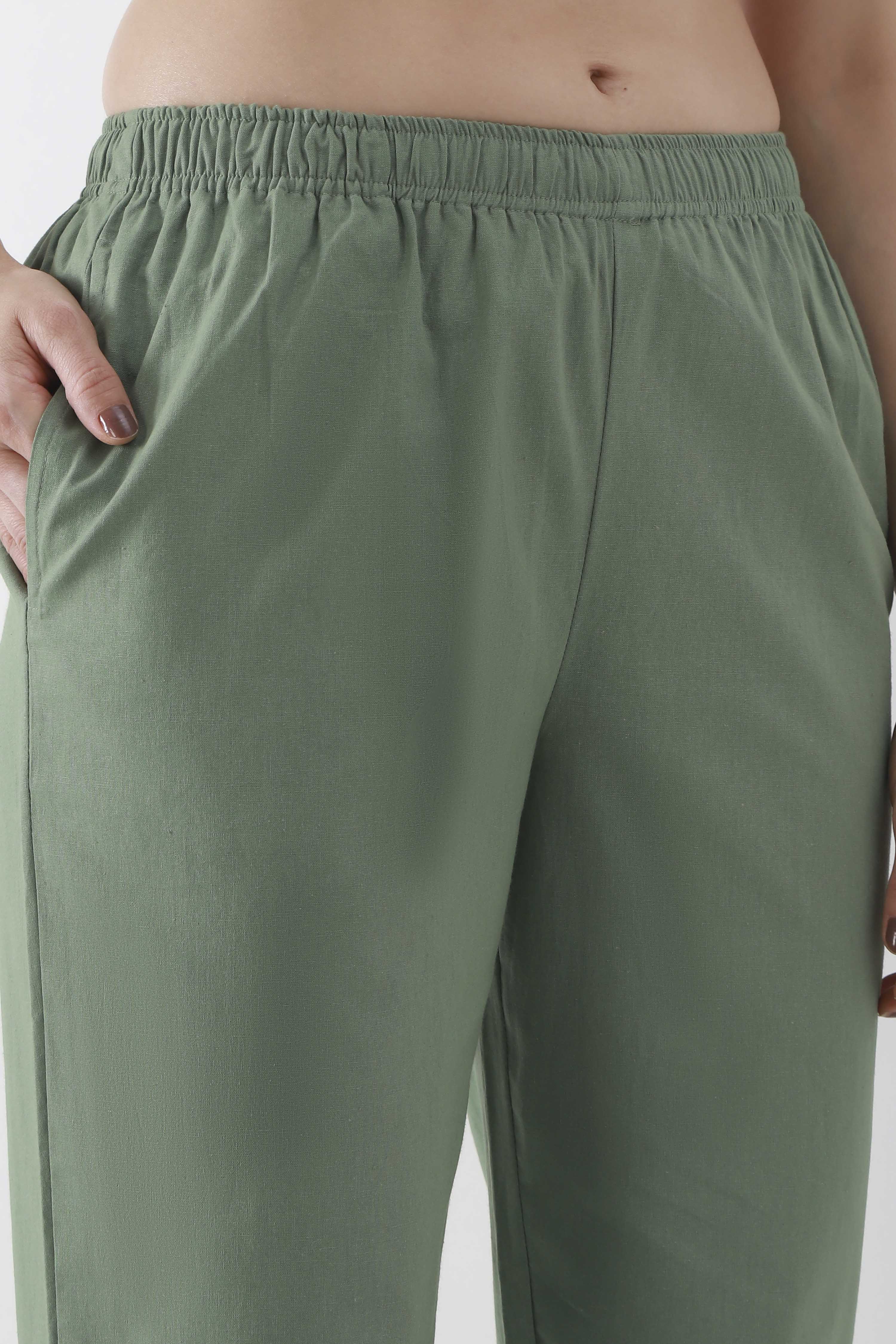 Bottle Green Cotton Solid Fitted Pants image number 1