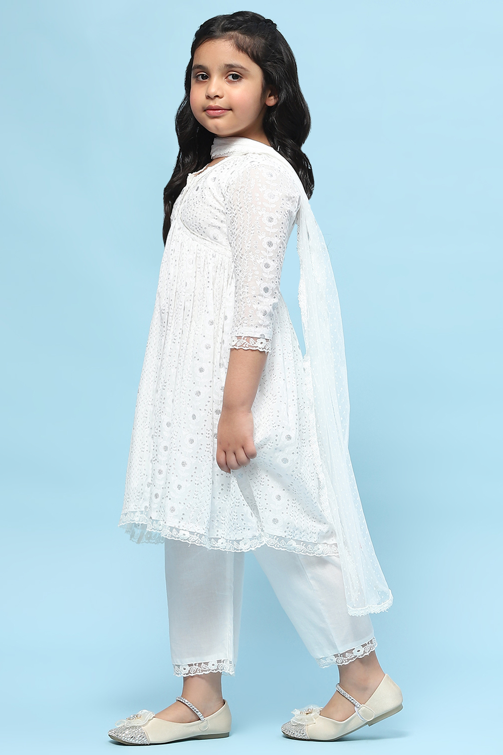 White Cotton Viscose Khadi Print Gathered Suit Set image number 4