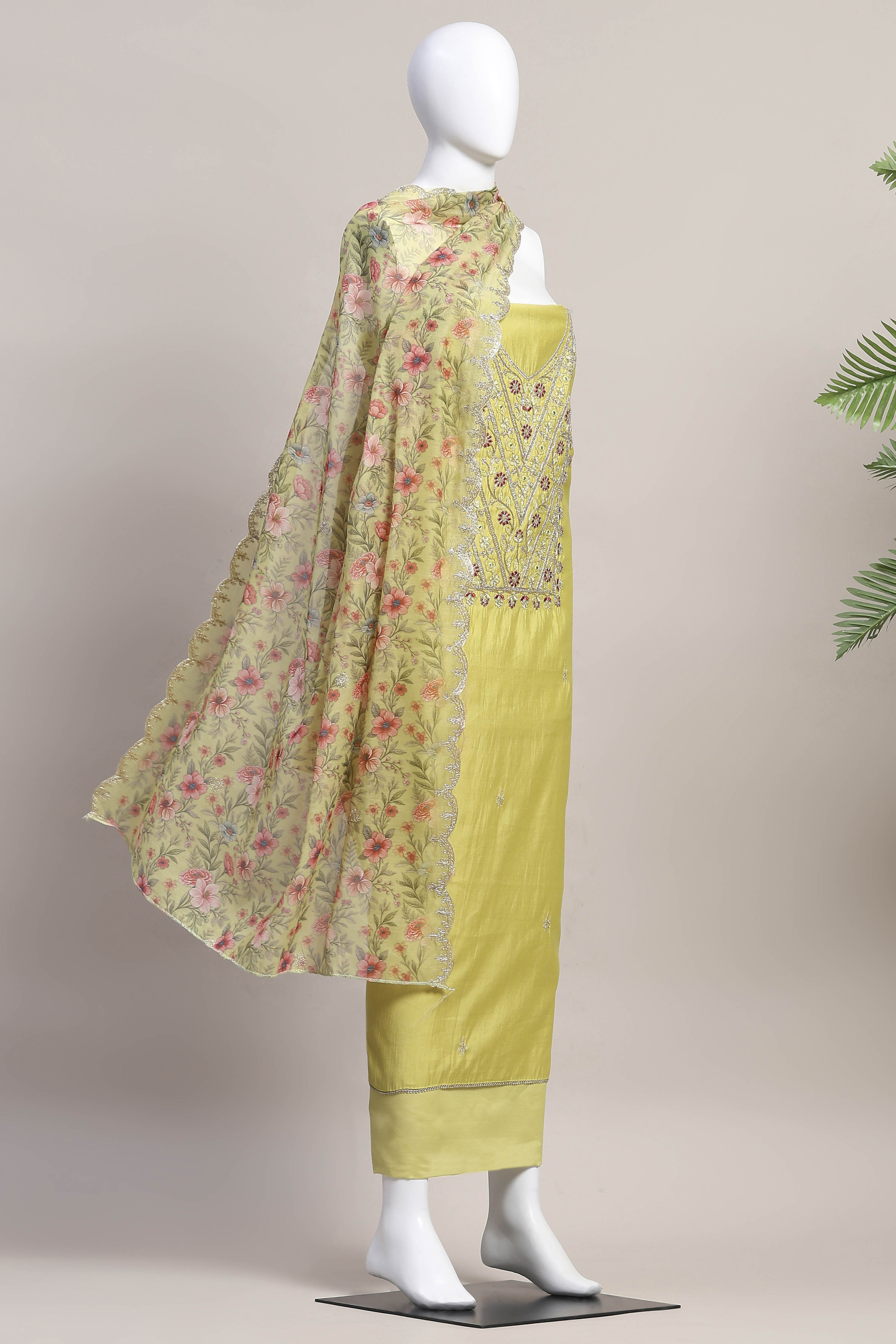 Teal Cotton Printed Embroidered Unstitched Suit Set image number 4