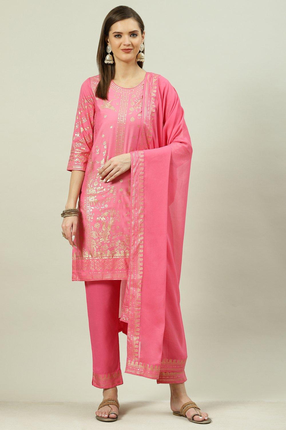 Pink Printed Straight Kurta Slim Pant Suit Set image number 7
