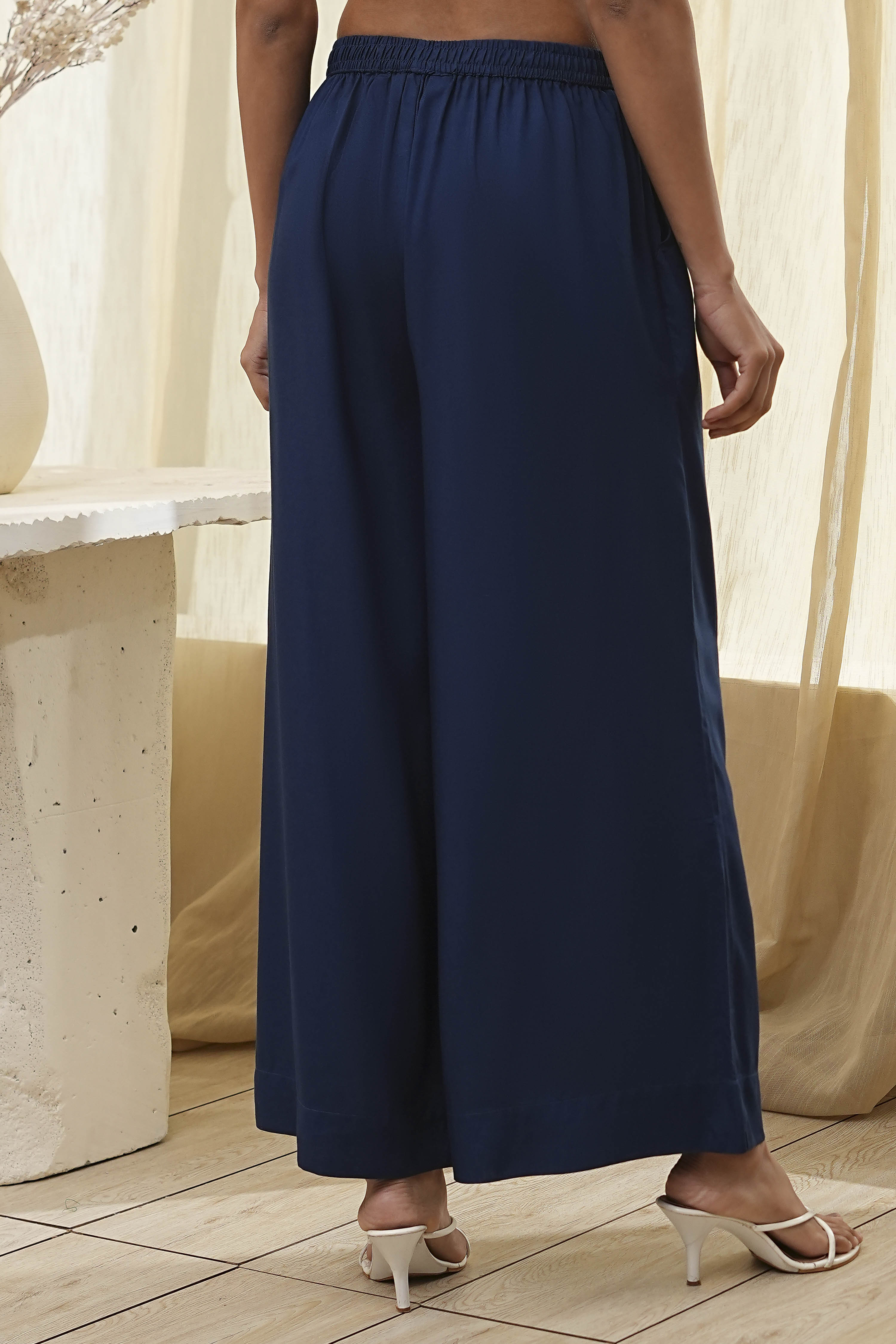 Navy Blue Viscose Solid Straight Palazzos image number 5