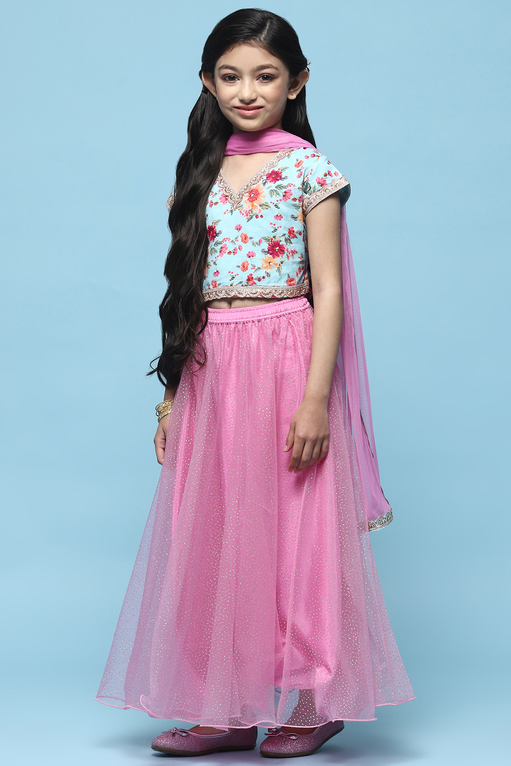 Blue Cotton Printed Blouse With Net Lehenga & Net Dupatta image number 4